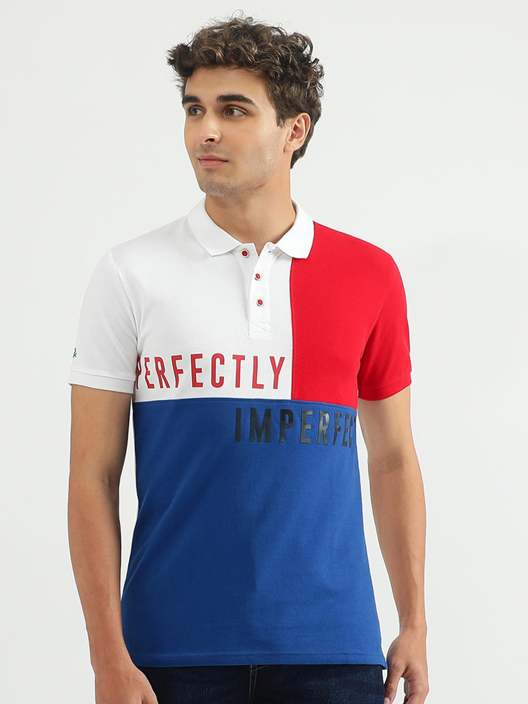 

United Colors of Benetton Men Colourblocked Polo Collar Cotton T-shirt, Blue