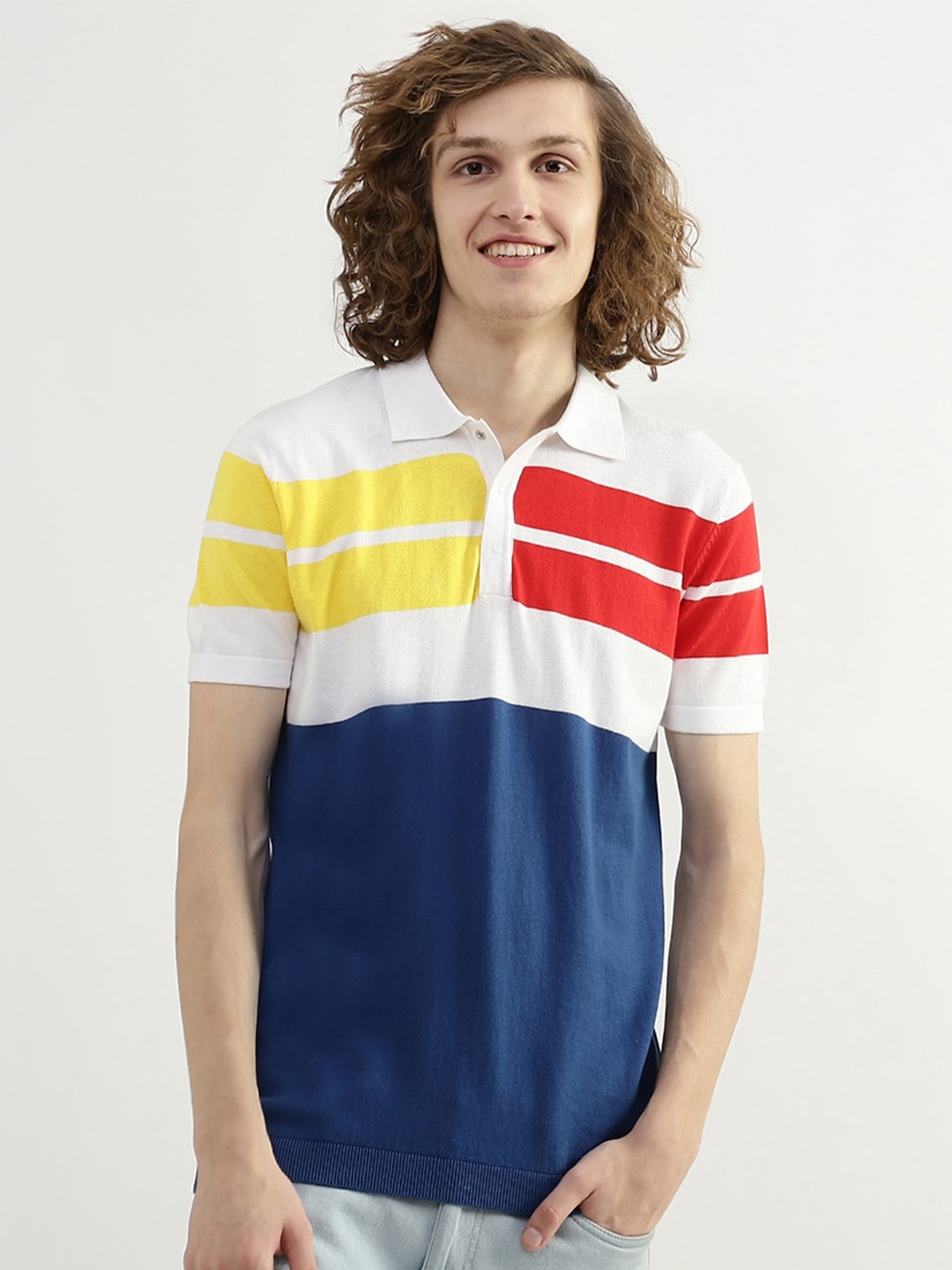 

United Colors of Benetton Men Striped Polo Collar Cotton T-shirt, Navy blue