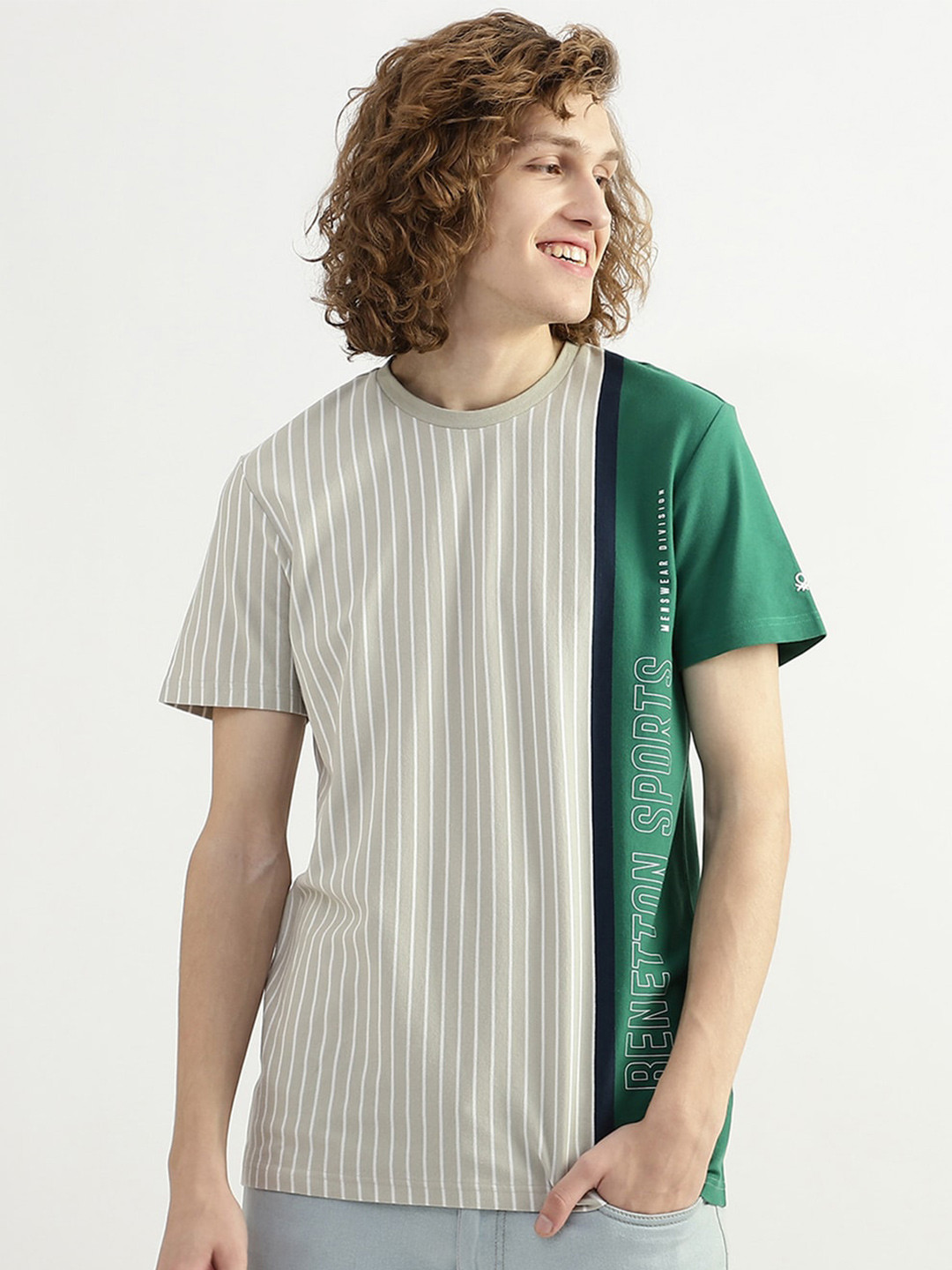 

United Colors of Benetton Men Striped Round Neck Cotton T-shirt, Green