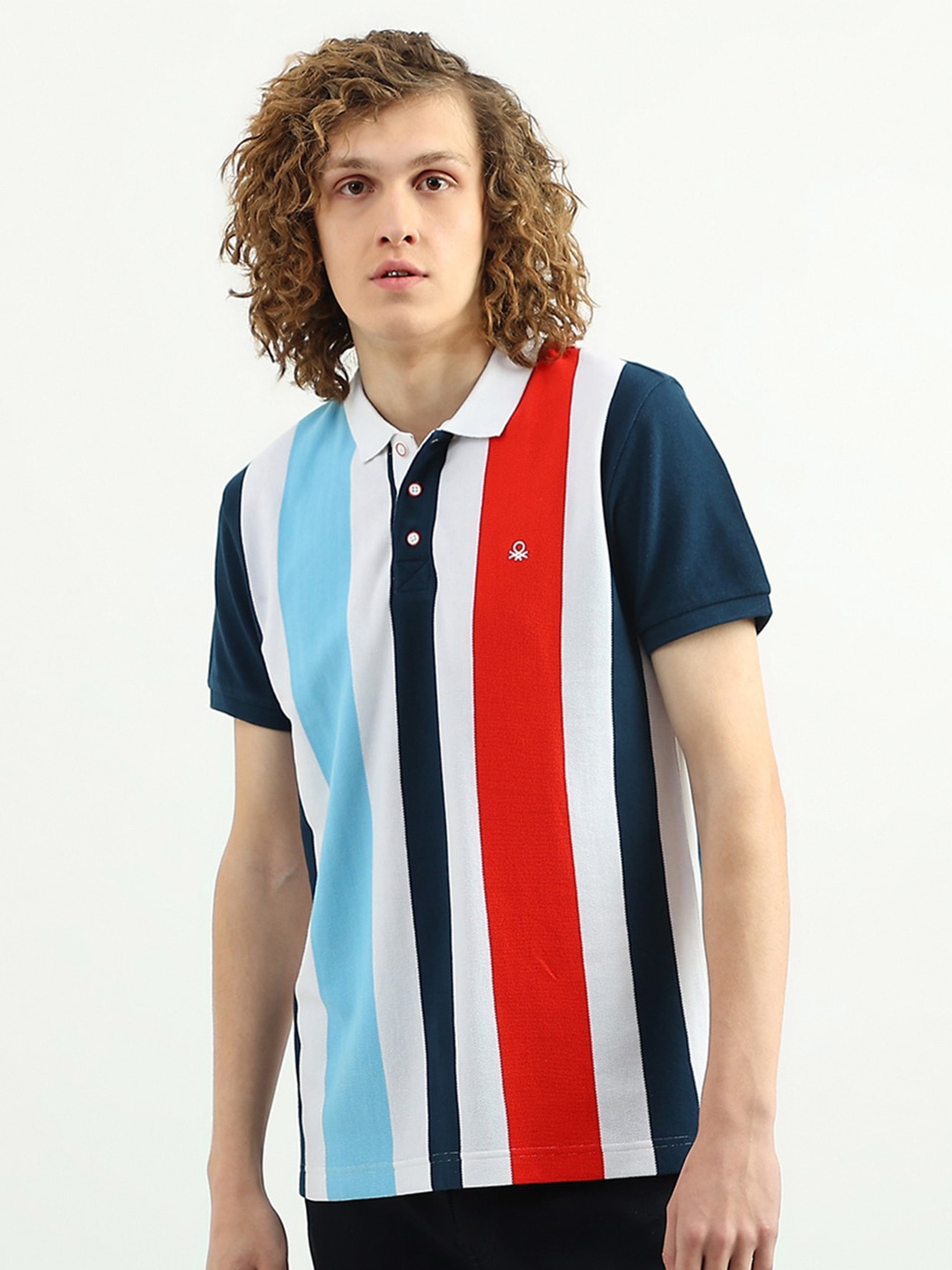 

United Colors of Benetton Men Striped Polo Collar Cotton T-shirt, White