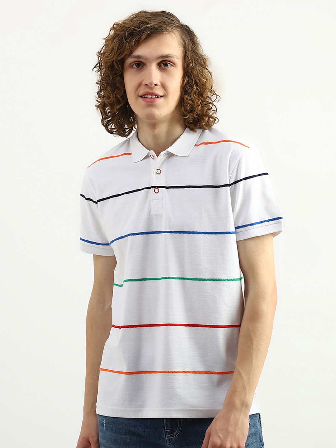 

United Colors of Benetton Men Cotton Striped Polo Collar T-shirt, White