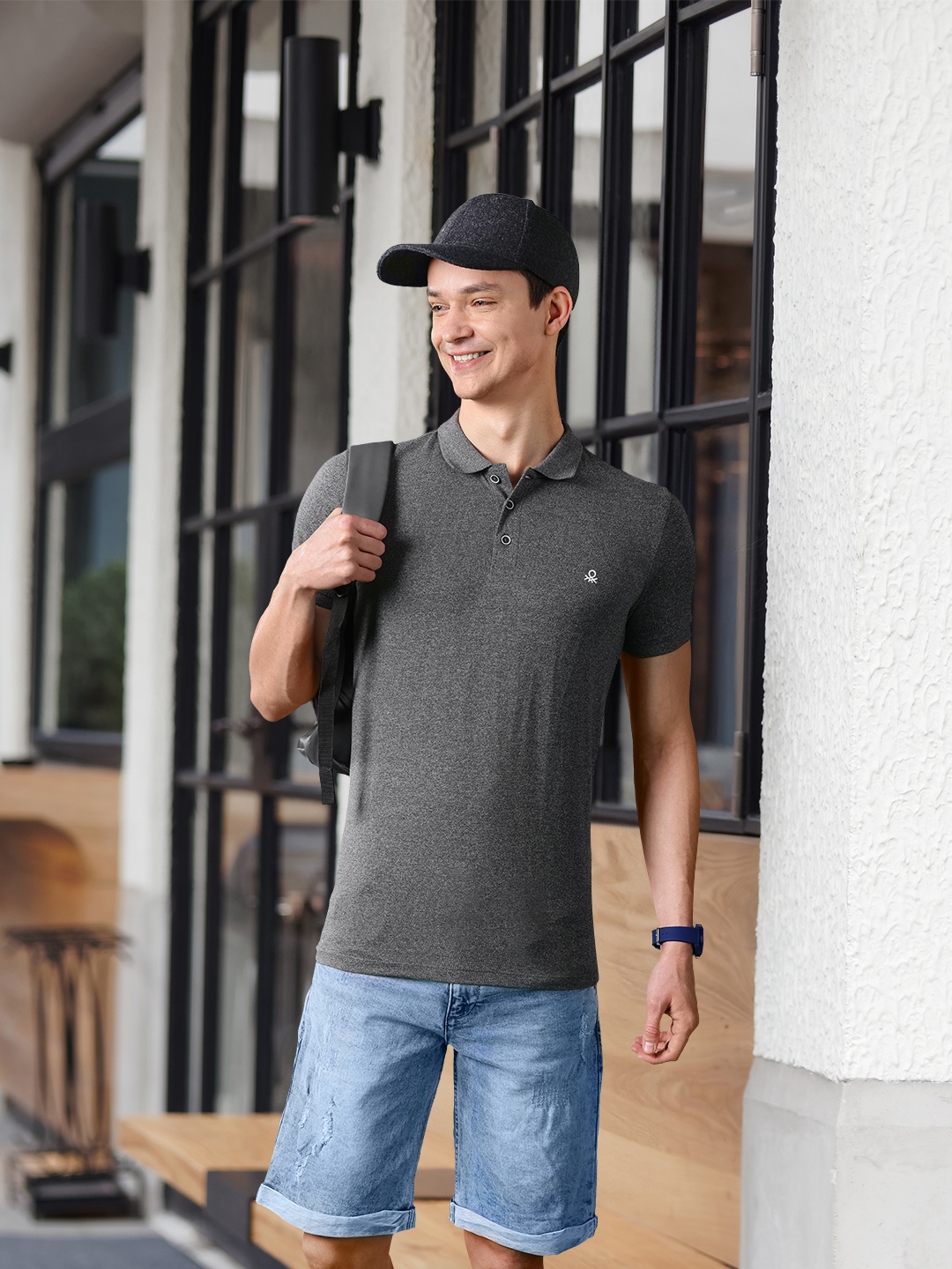 

United Colors of Benetton Men Polo Collar Cotton T-shirt, Charcoal