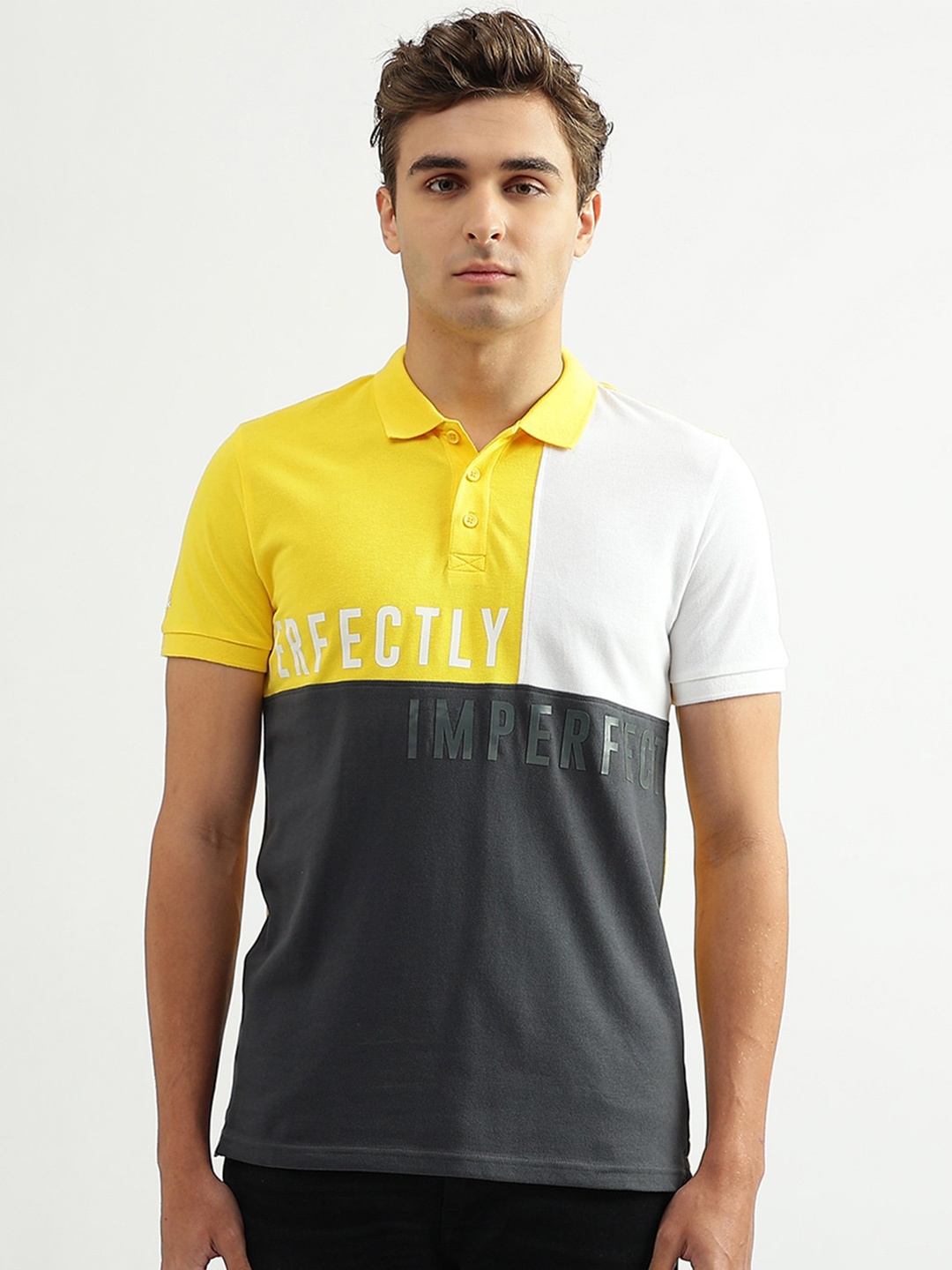 

United Colors of Benetton Men Colourblocked Polo Collar Cotton T-shirt, Charcoal