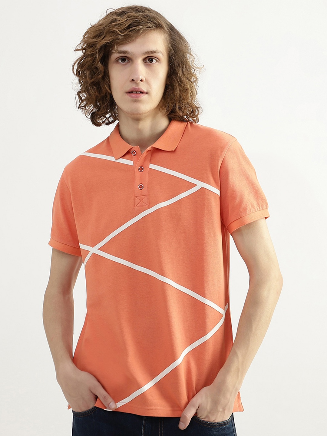 

United Colors of Benetton Men Printed Cotton Polo Collar T-shirt, Orange