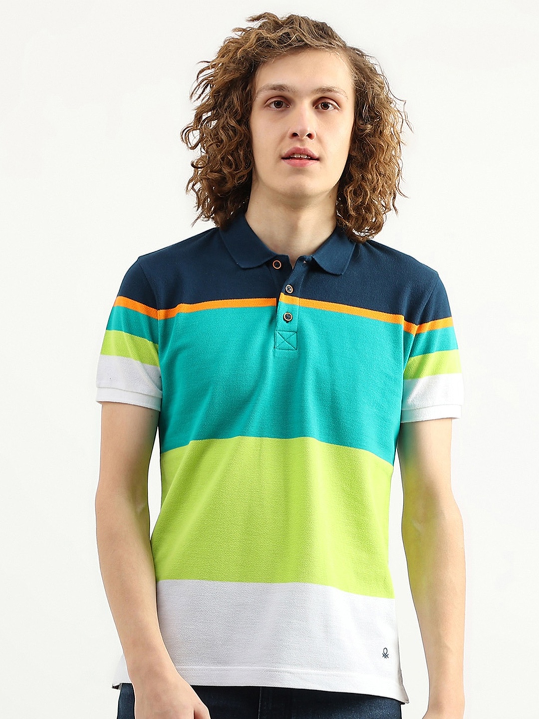

United Colors of Benetton Men Colourblocked Cotton Polo Collar T-shirt, Blue