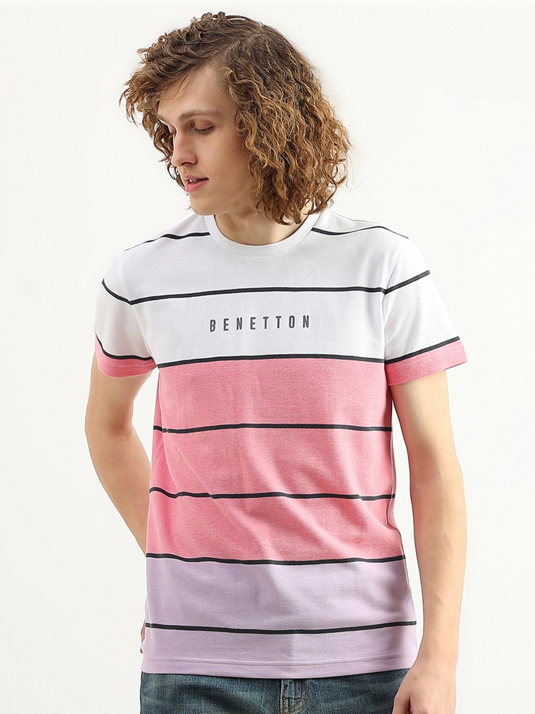 

United Colors of Benetton Men Striped Cotton T-shirt, White