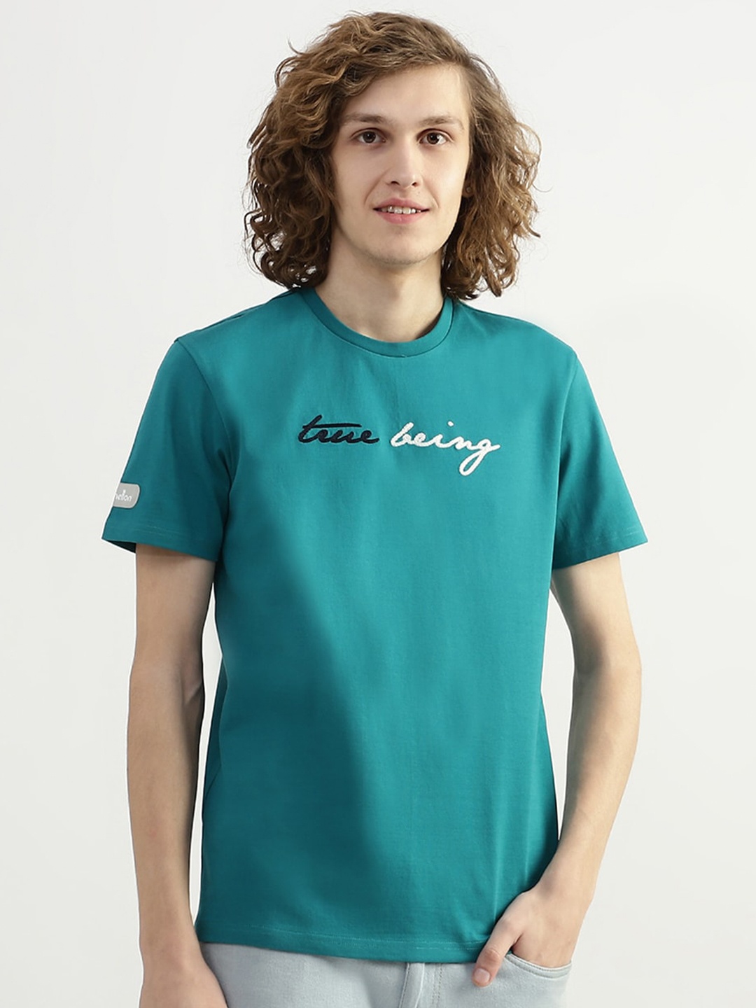 

United Colors of Benetton Men Typography Applique Cotton T-shirt, Blue