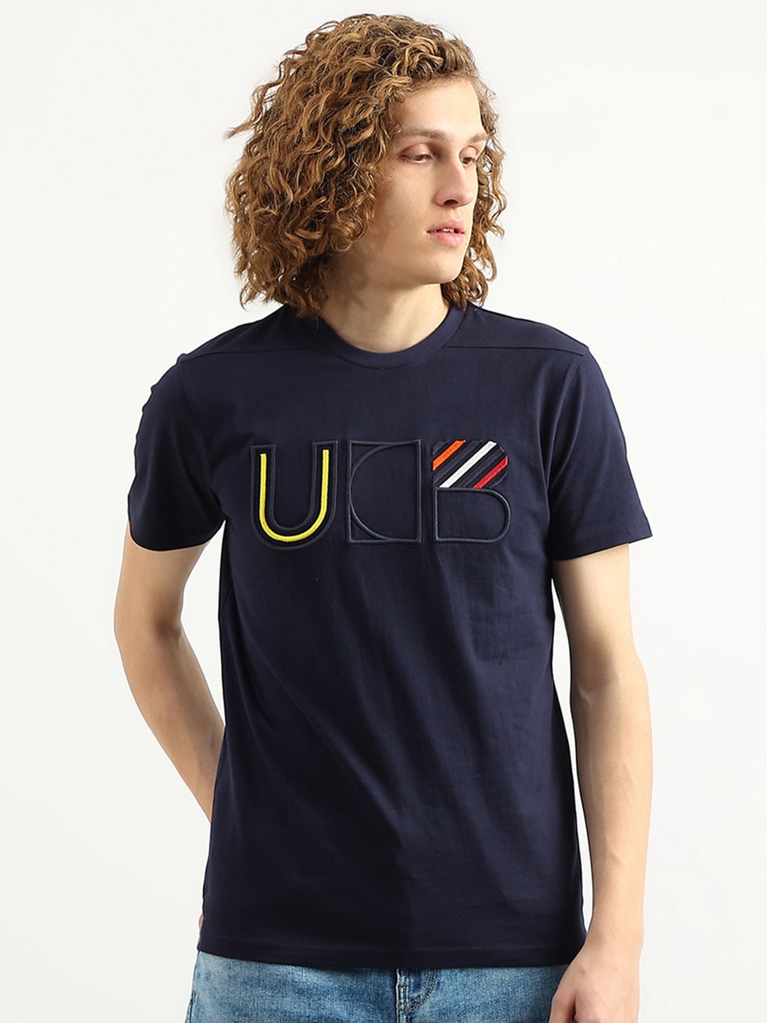 

United Colors of Benetton Men Embroidery Cotton Slim Fit T-shirt, Navy blue