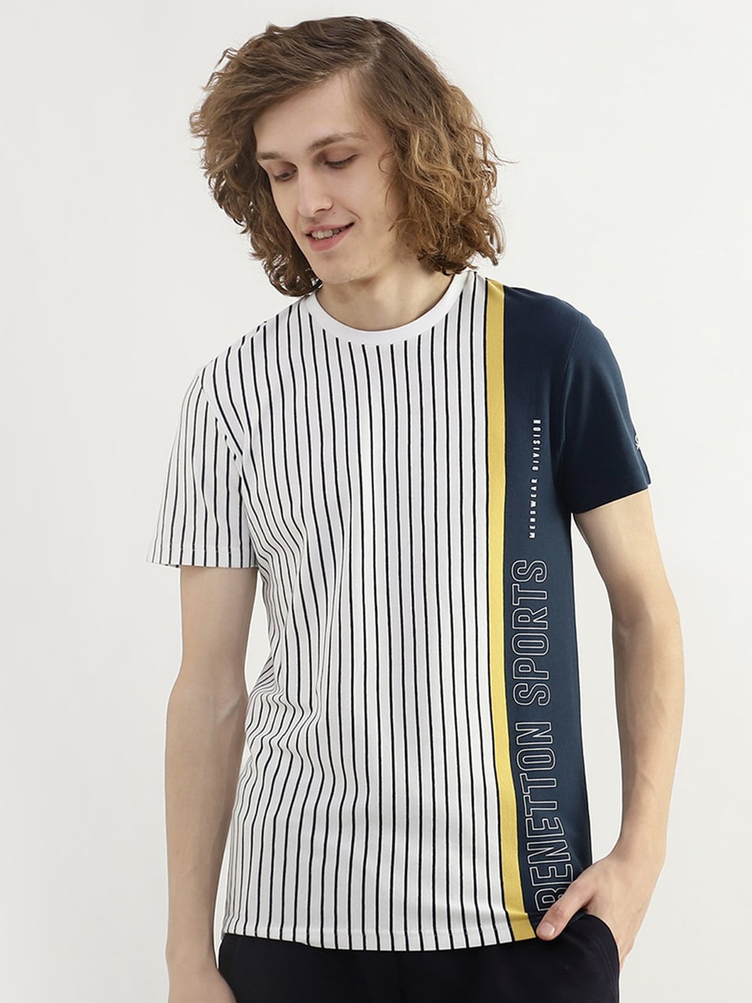 

United Colors of Benetton Men Striped Cotton T-shirt, White