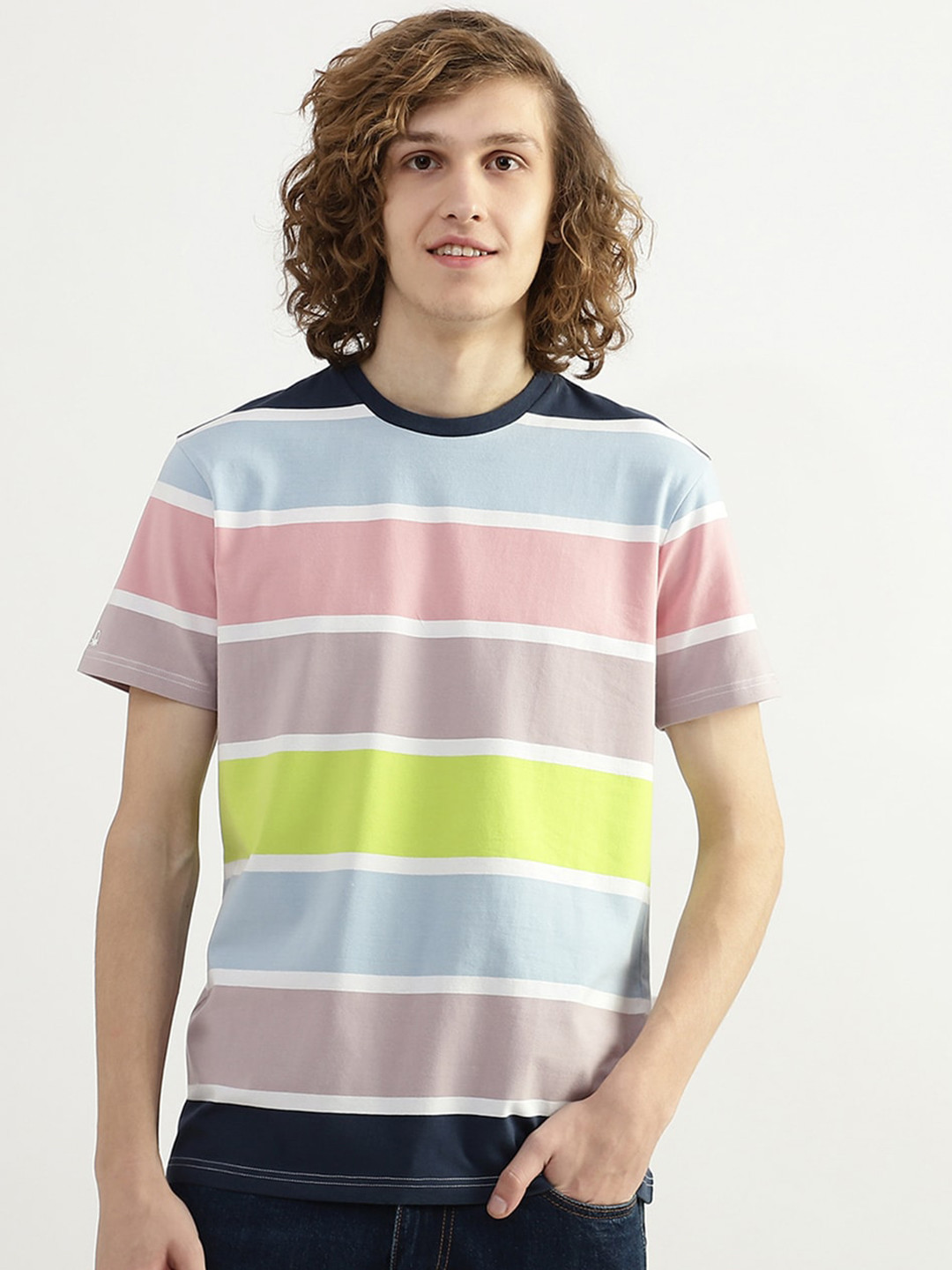 

United Colors of Benetton Men Cotton Striped T-shirt, Blue