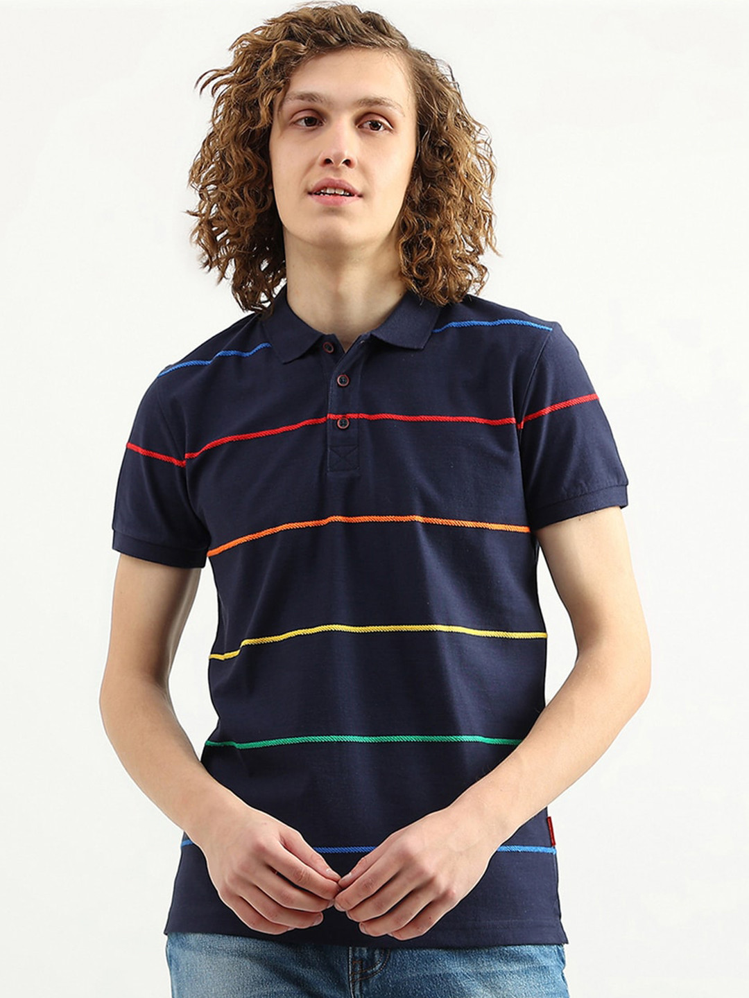 

United Colors of Benetton Men Striped Polo Collar T-shirt, Navy blue