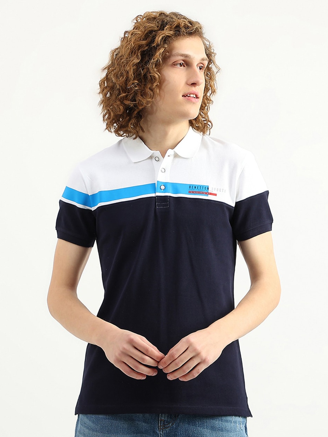 

United Colors of Benetton Men Colourblocked Polo Collar Cotton T-shirt, White