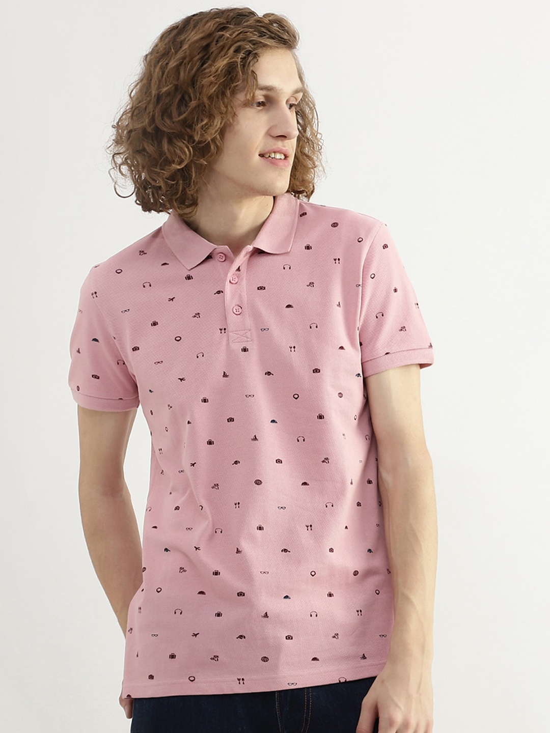 

United Colors of Benetton Men Printed Cotton Polo Collar T-shirt, Pink