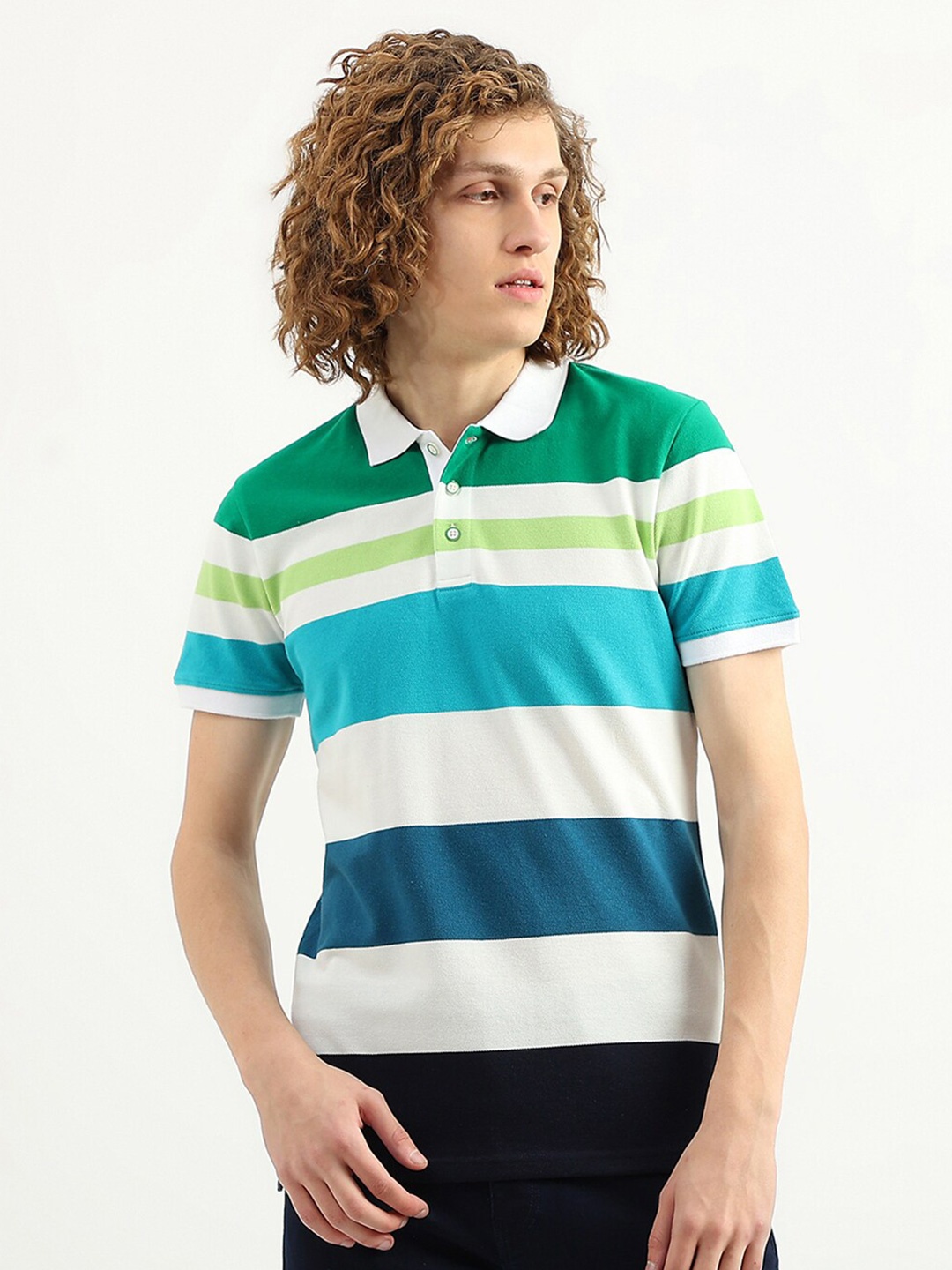 United Colors of Benetton Men Striped Polo Collar Cotton T-shirt, Multi