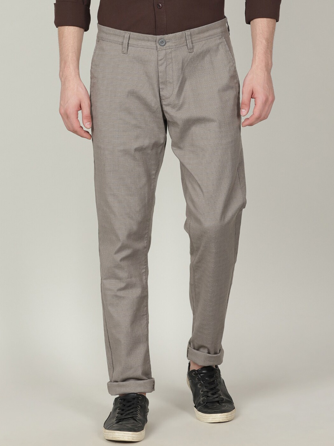 

Crocodile Men Checked Cotton Tailored Tapered Fit Trousers, Beige