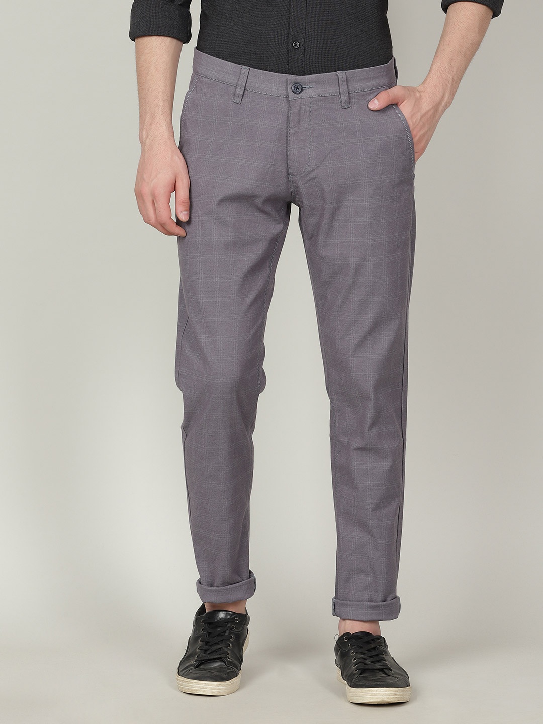 

Crocodile Men Checked Cotton Tailored Tapered Fit Trousers, Grey