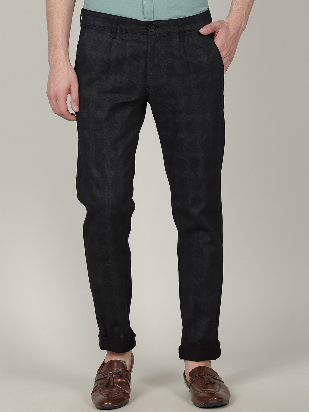 

Crocodile Men Checked Cotton Tailored Tapered Fit Trousers, Black