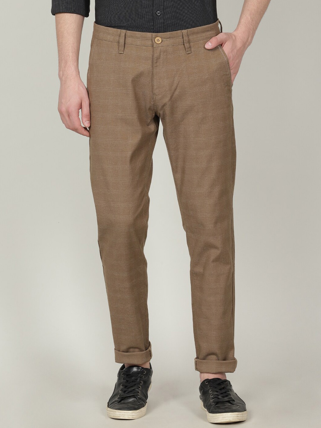 

Crocodile Men Checked Cotton Tailored Tapered Fit Trousers, Brown