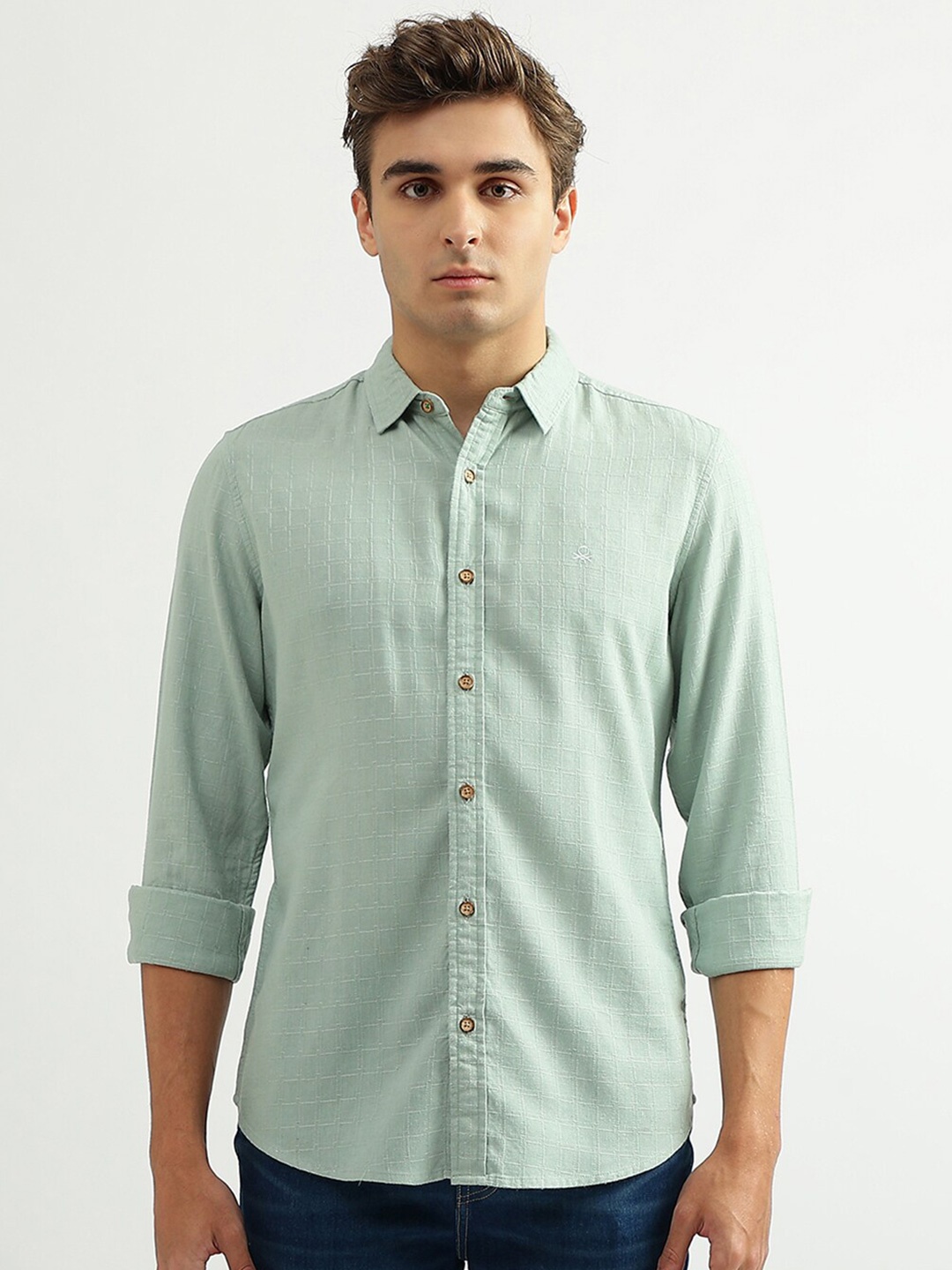 

United Colors of Benetton Men Checked Slim Fit Casual Shirt, Olive