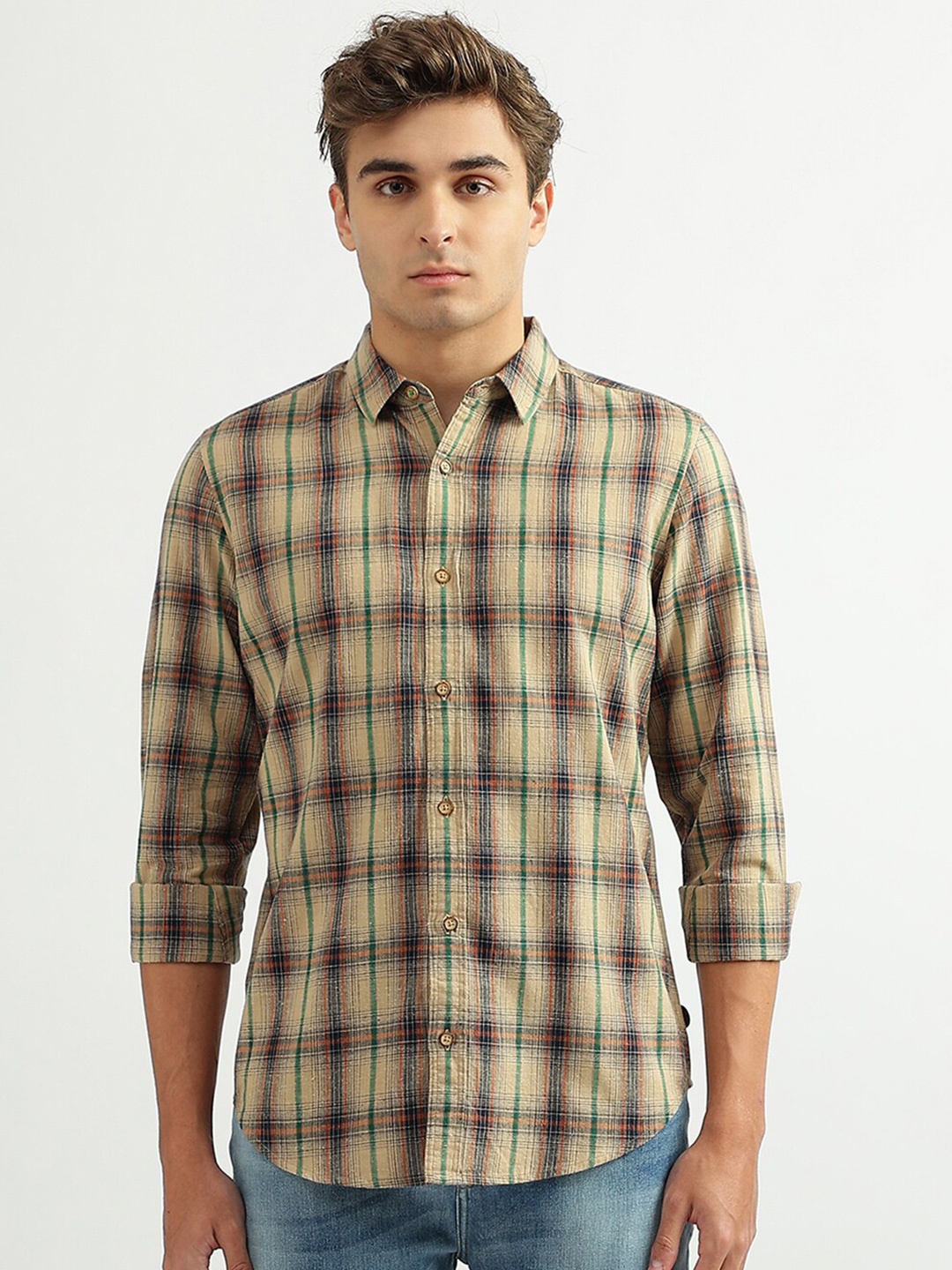 

United Colors of Benetton Men Cotton Slim Fit Tartan Checks Casual Shirt, Brown