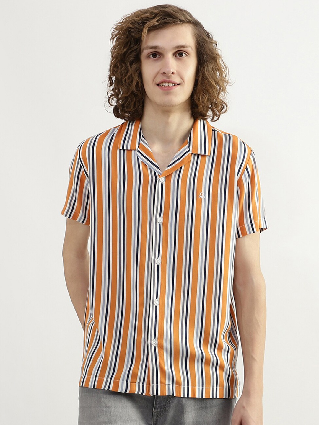 

United Colors of Benetton Men Striped Spread Collar Casual Shirt, Mustard