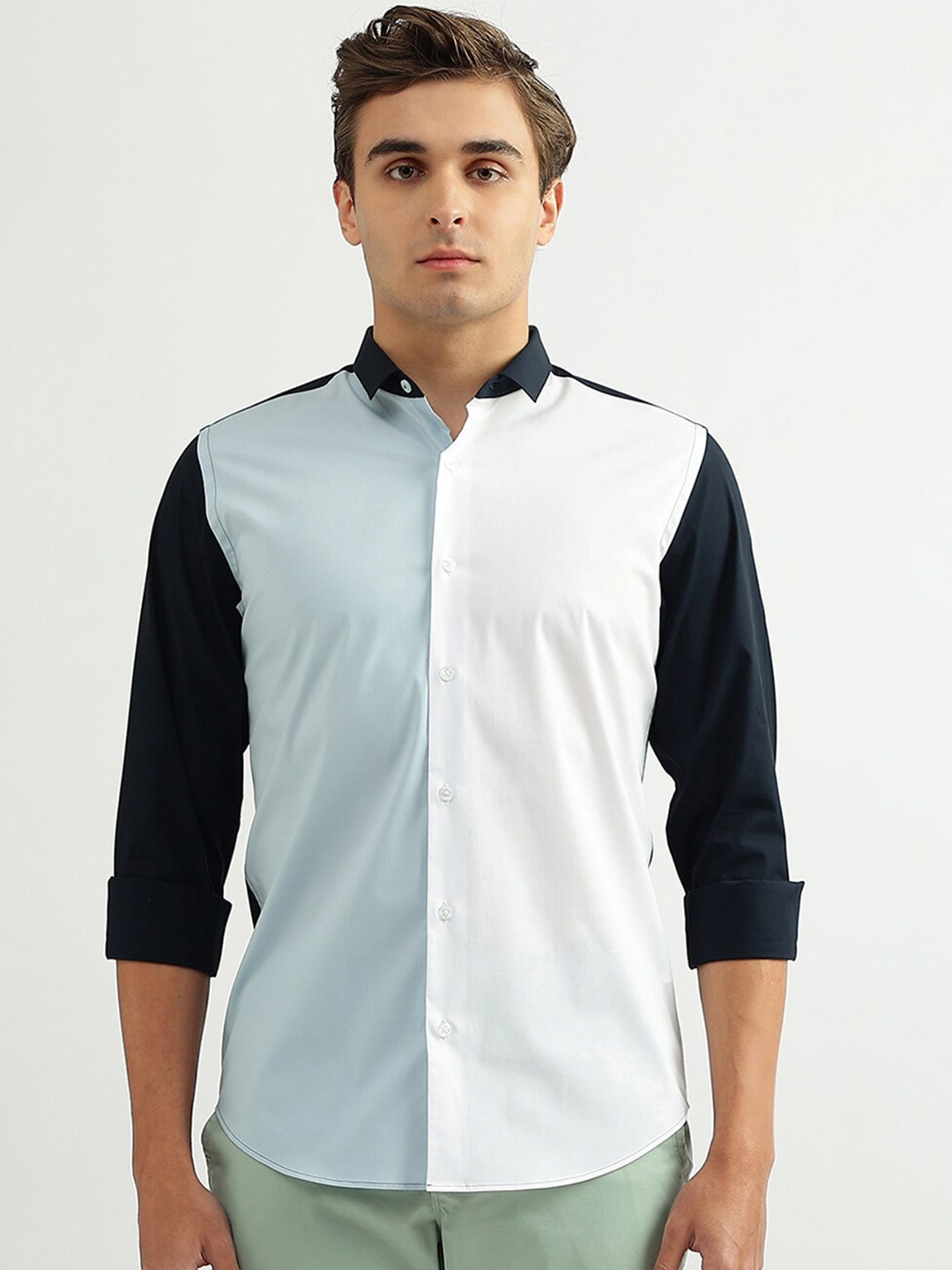 

United Colors of Benetton Men Slim Fit Colourblocked Casual Cotton Shirt, White
