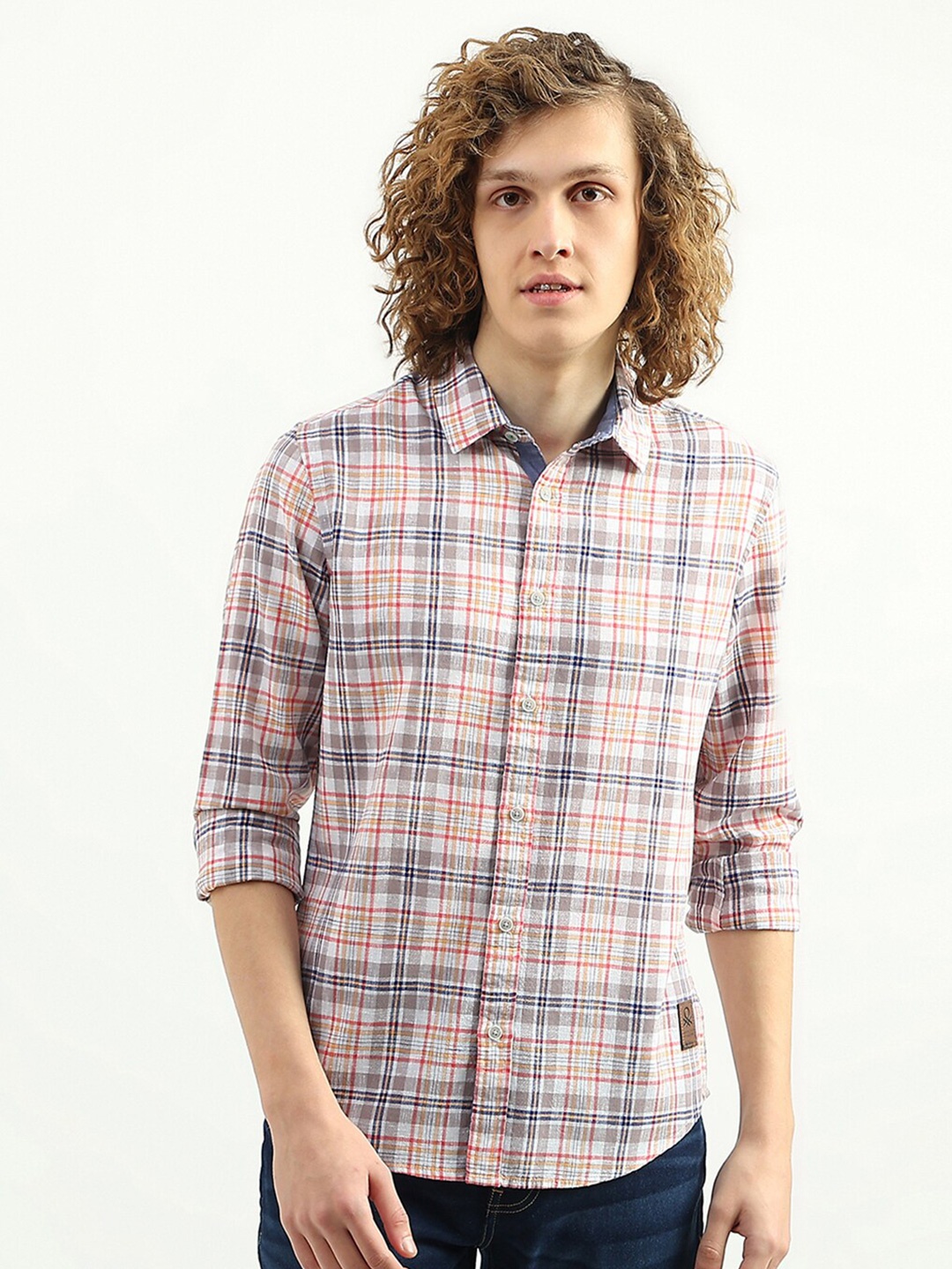 

United Colors of Benetton Men Slim Fit Tartan Checks Checked Casual Shirt, White