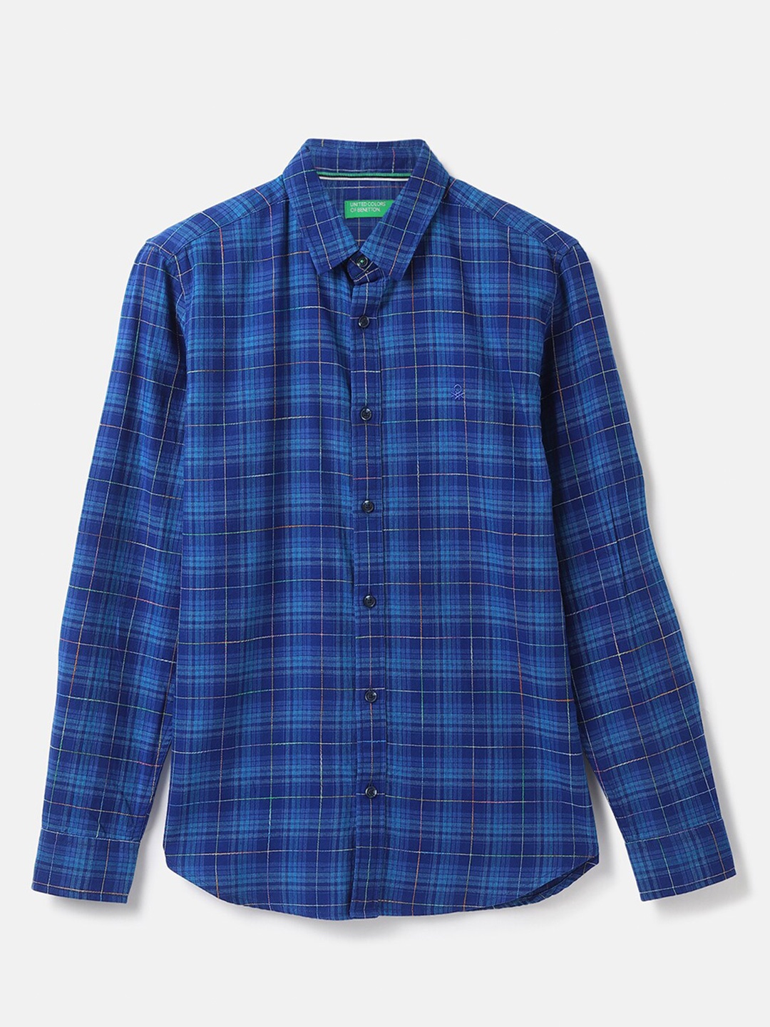 

United Colors of Benetton Men Slim Fit Checked Casual Cotton Shirt, Blue