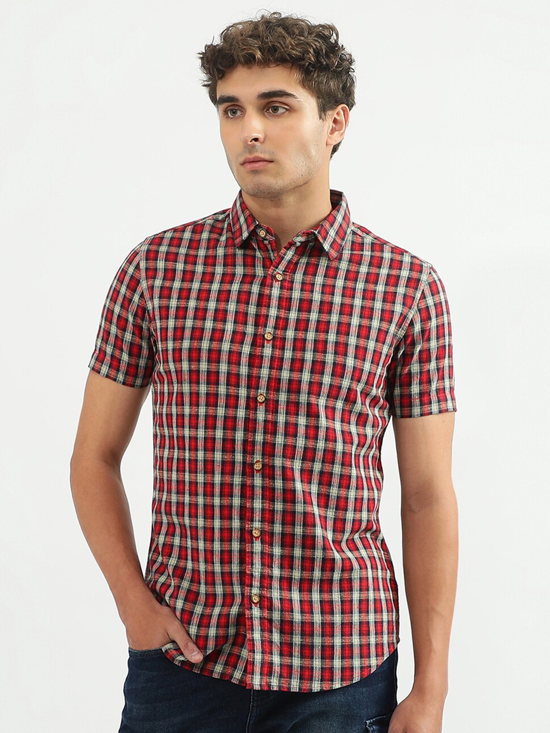 

United Colors of Benetton Men Slim Fit Tartan Checked Casual Cotton Shirt, Red