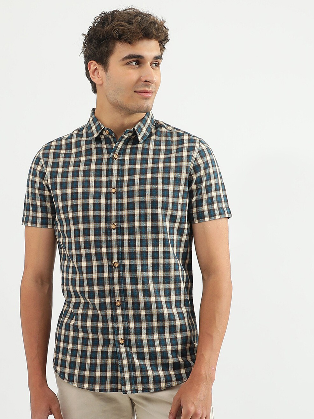 

United Colors of Benetton Men Cotton Tartan Checks Casual Shirt, Teal