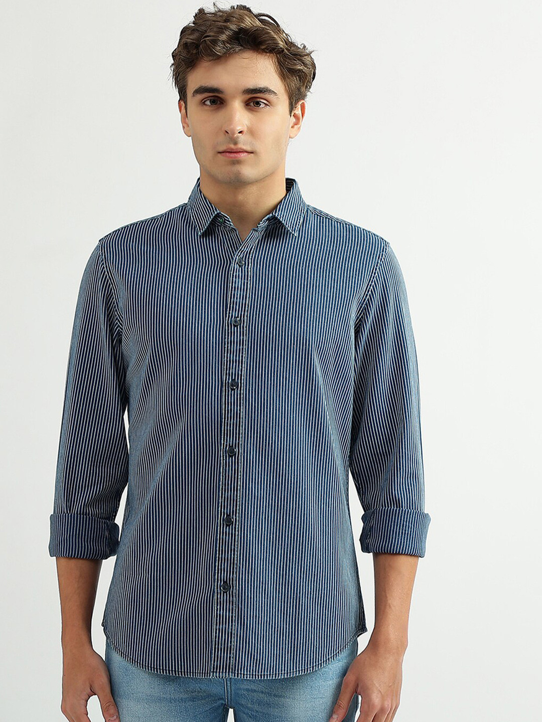 

United Colors of Benetton Men Slim Fit Striped Casual Cotton Shirt, Navy blue
