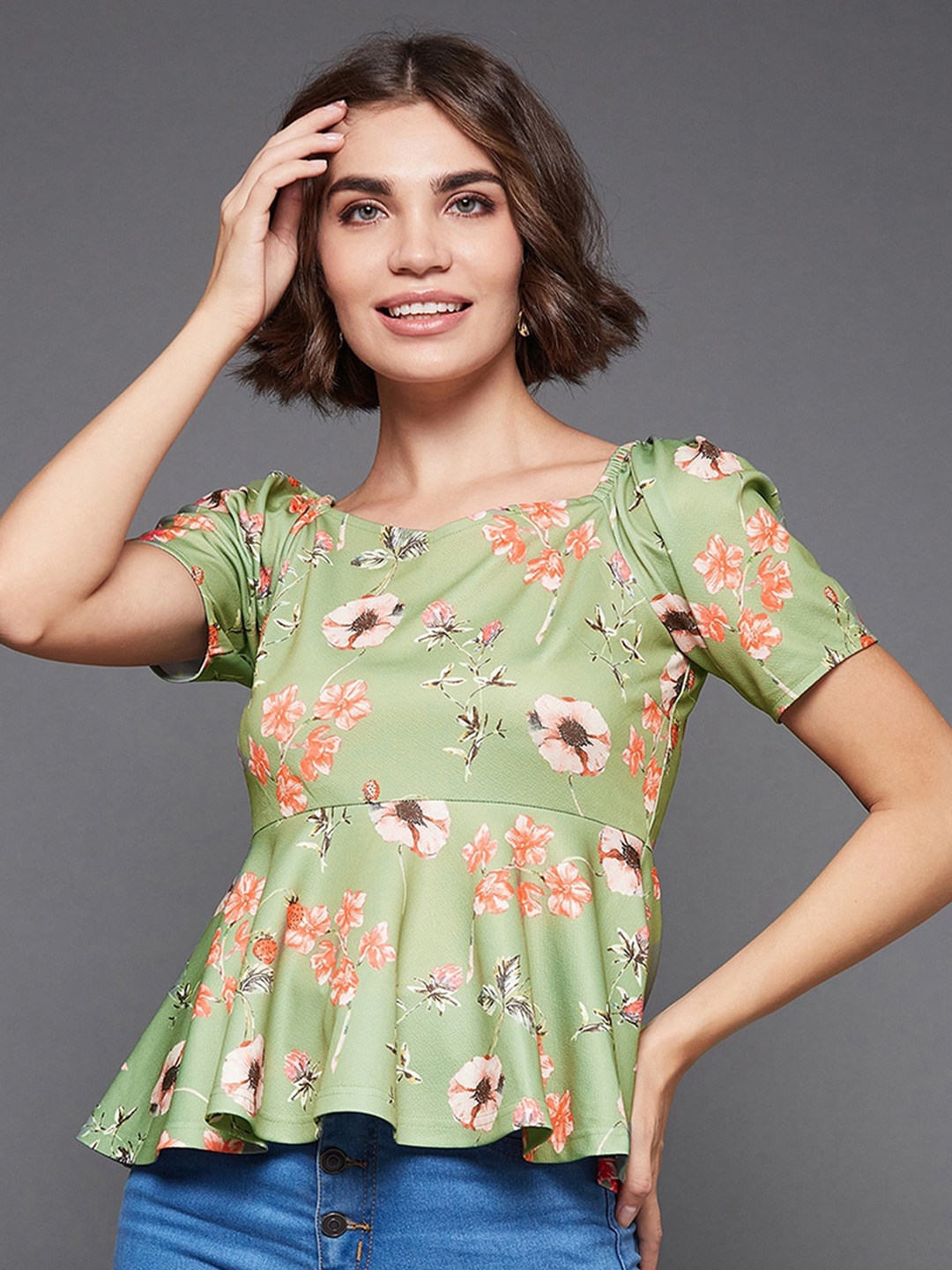 

Miss Chase Floral Printed Knitted Peplum Top, Green