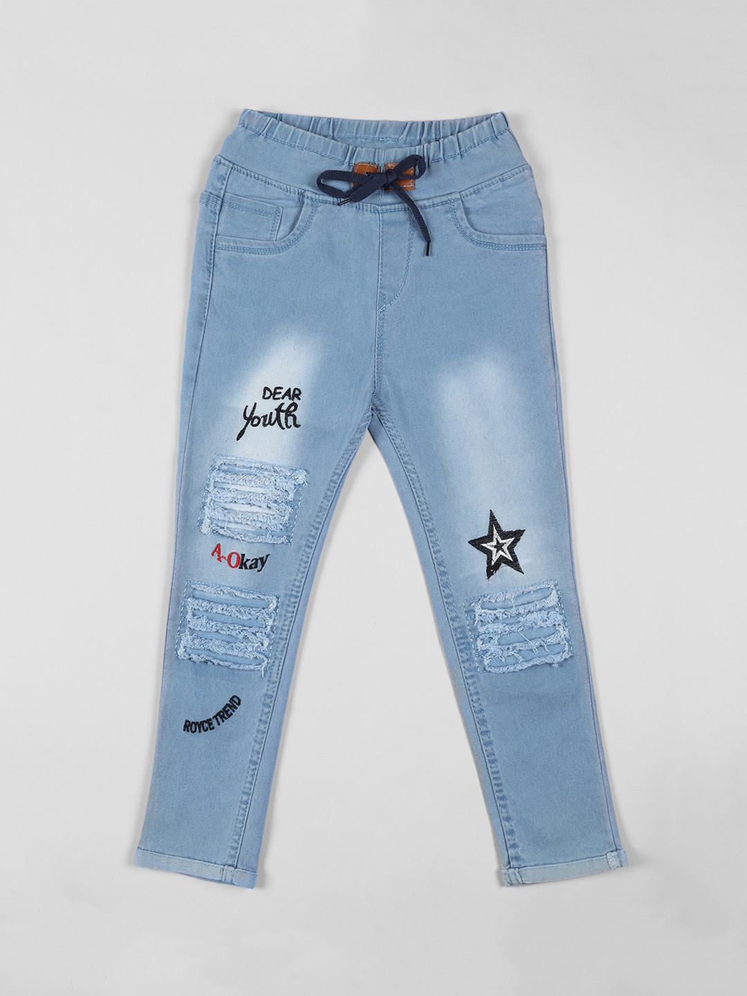 

A-Okay Boys Slim Fit High-Rise Mildly Distressed Heavy Fade Embroidered Cotton Jeans, Blue