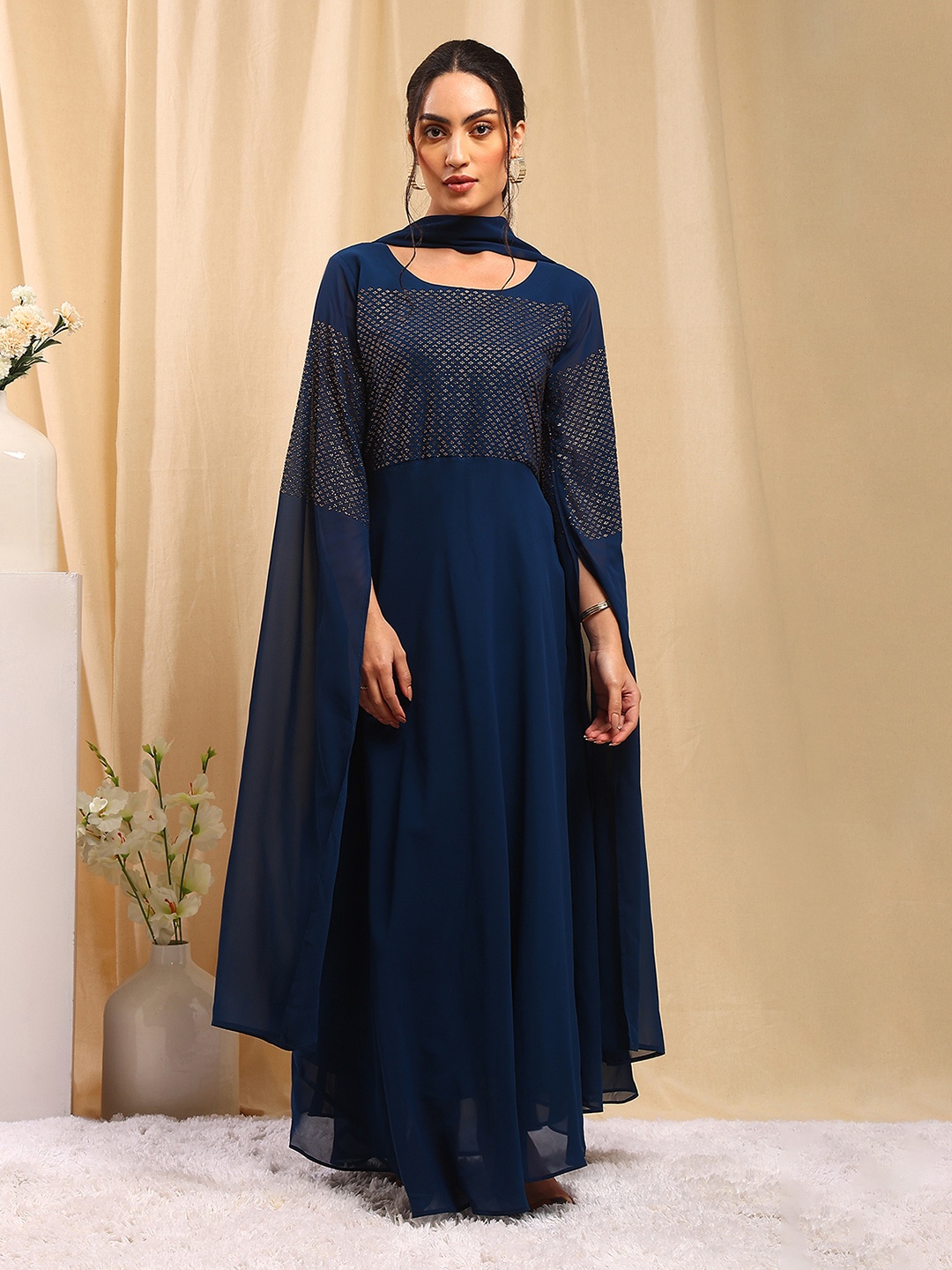 

TRENDY DIVVA Women Embellished Georgette Anarkali Kurta With Dupatta, Teal