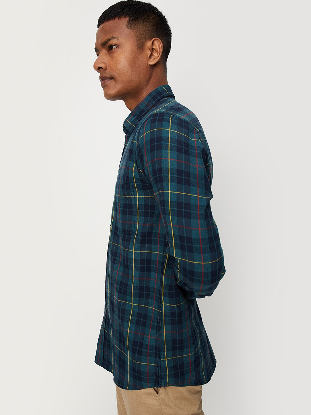 

max Men Tartan Checked Casual Cotton Shirt, Green
