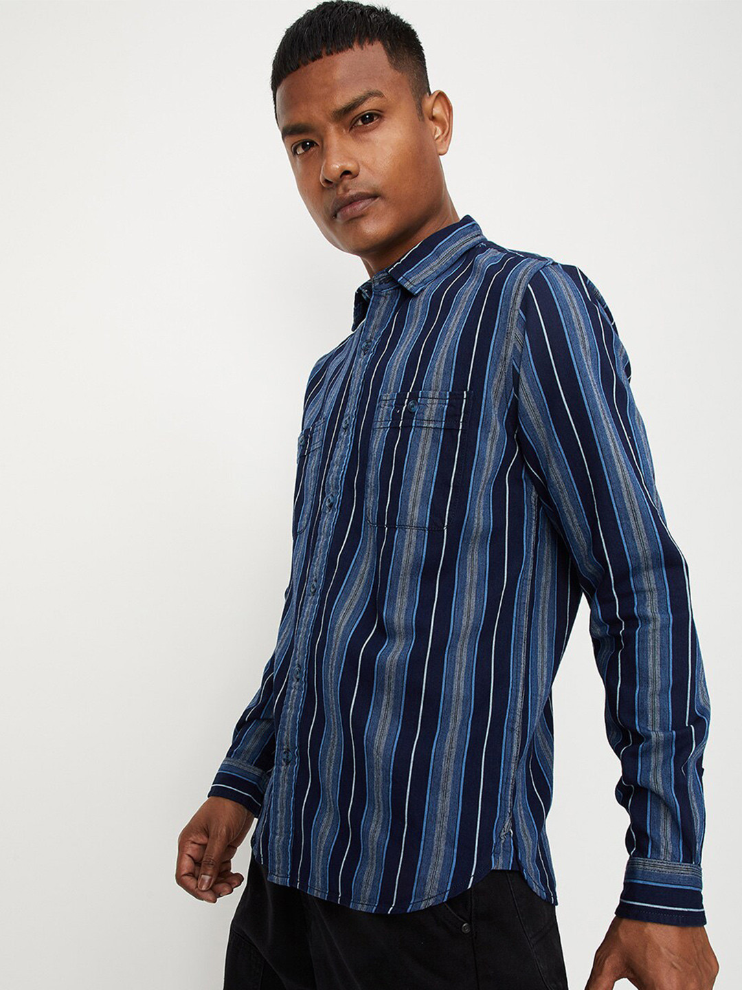 

max Men Striped Casual Cotton Shirt, Blue