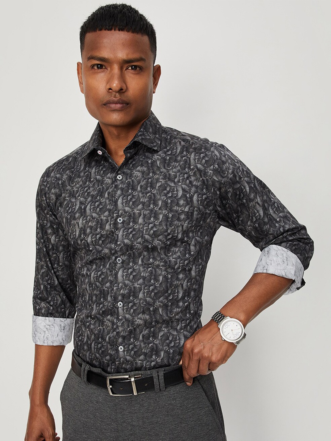 

max Men Printed Cotton Formal Shirt, Grey