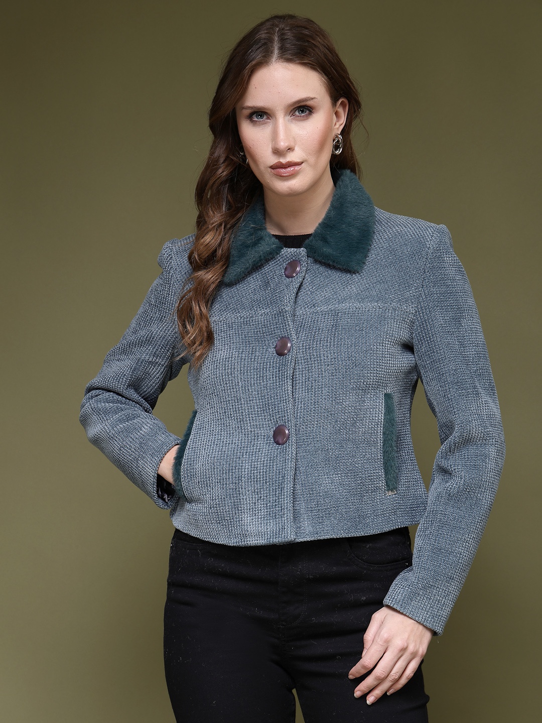 

Juelle Women Self-Designed Single-Breasted Pea Coat, Teal