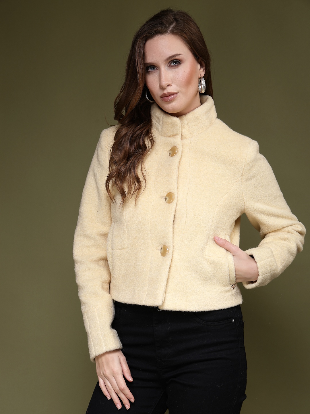 

Juelle Women Self Design Pea Coat, Yellow