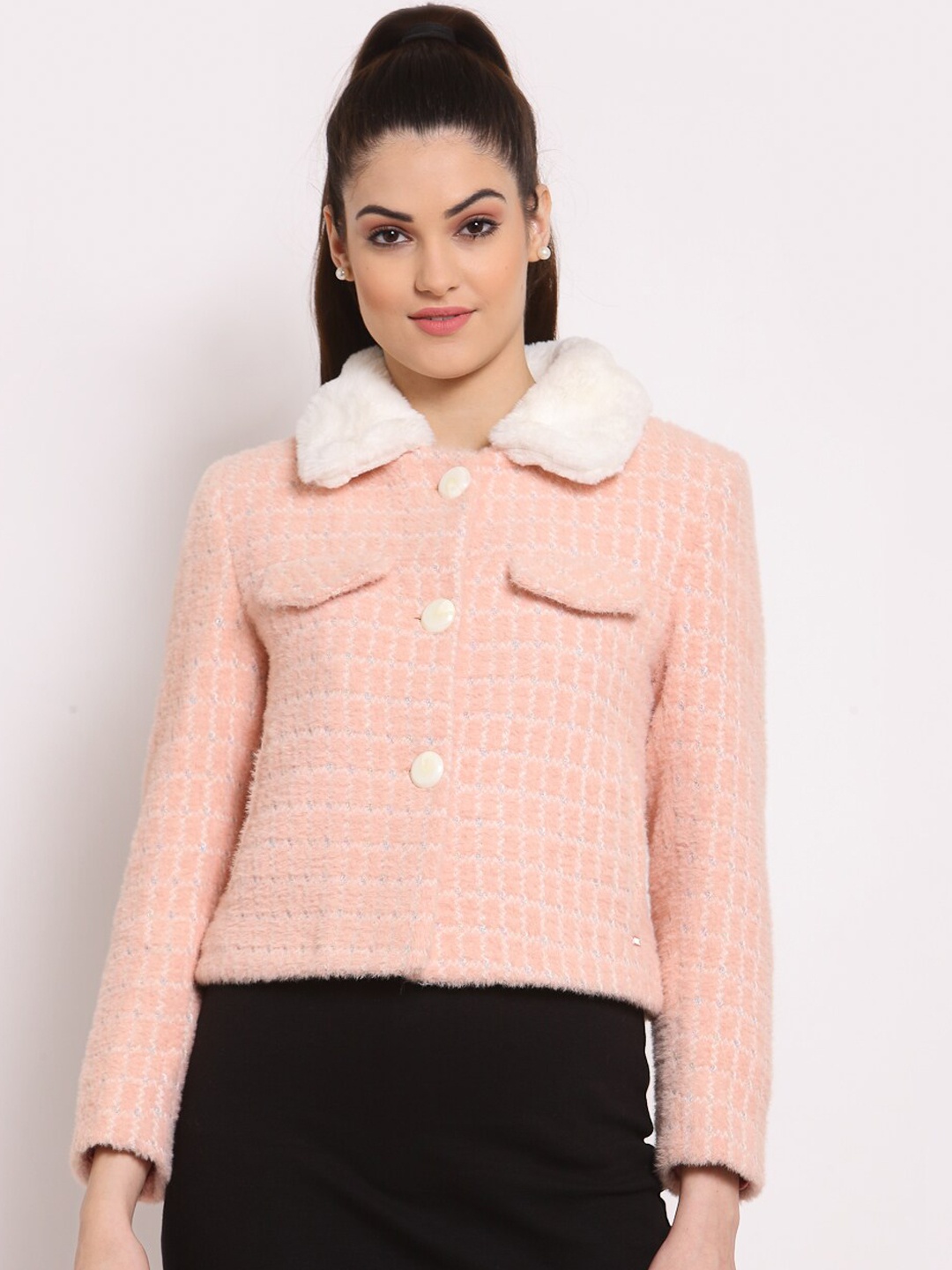 

Juelle Women Single Breasted Checked Patterned Pea Coats, Pink
