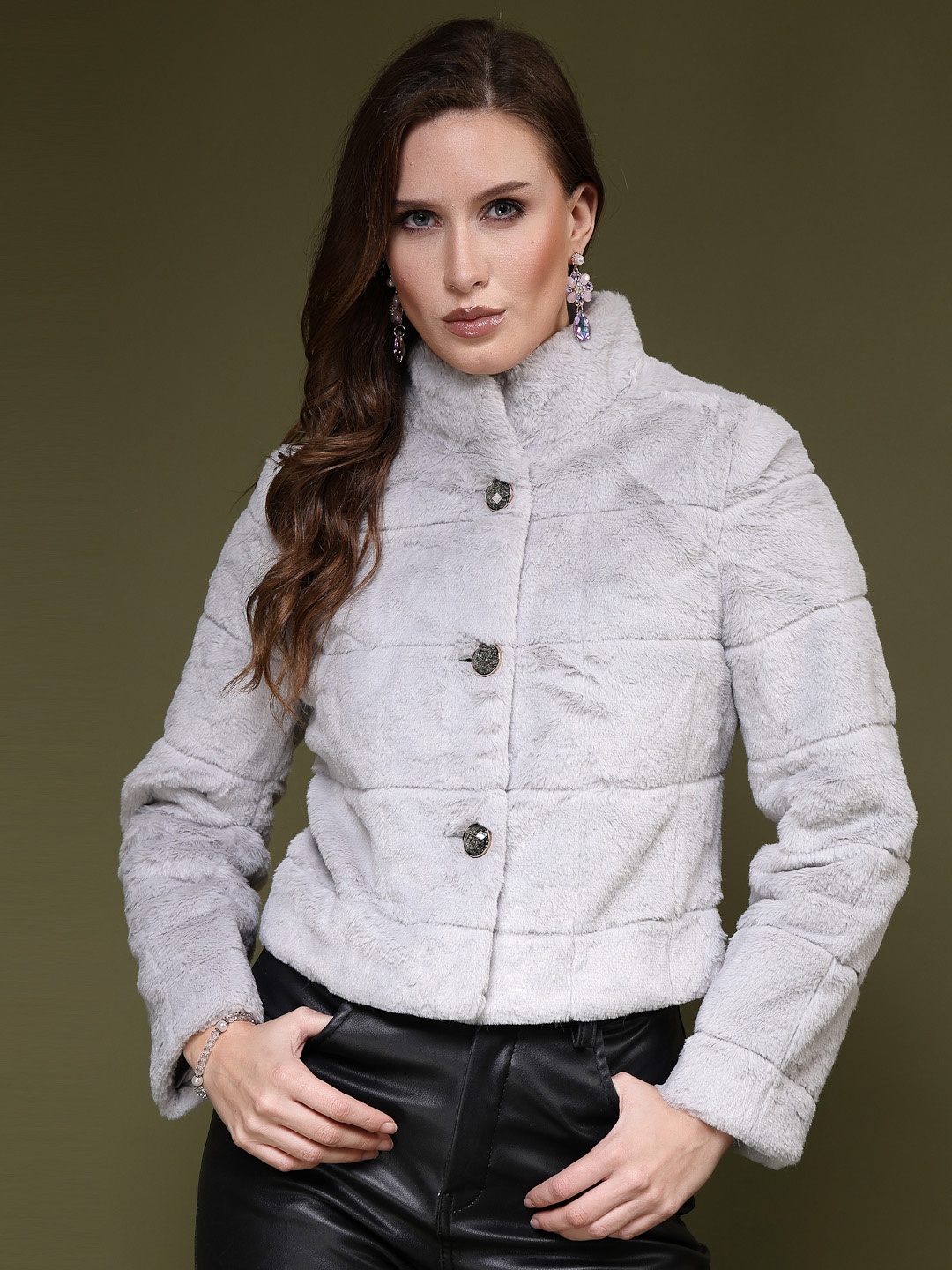 

Juelle Women Self-Designed Single-Breasted Pea Coat, Grey