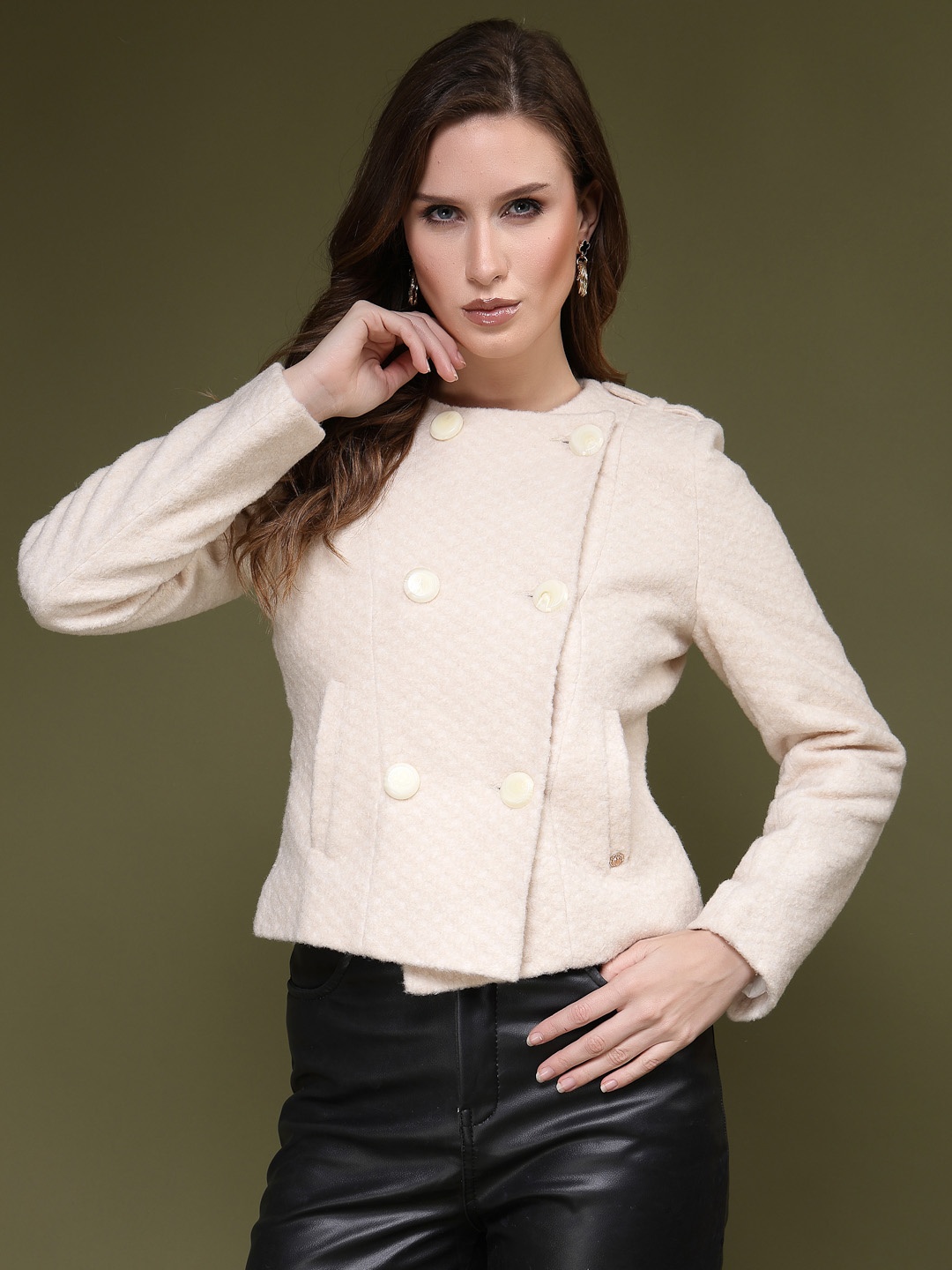 

Juelle Women Double Breasted Textured Pea Coat, Off white