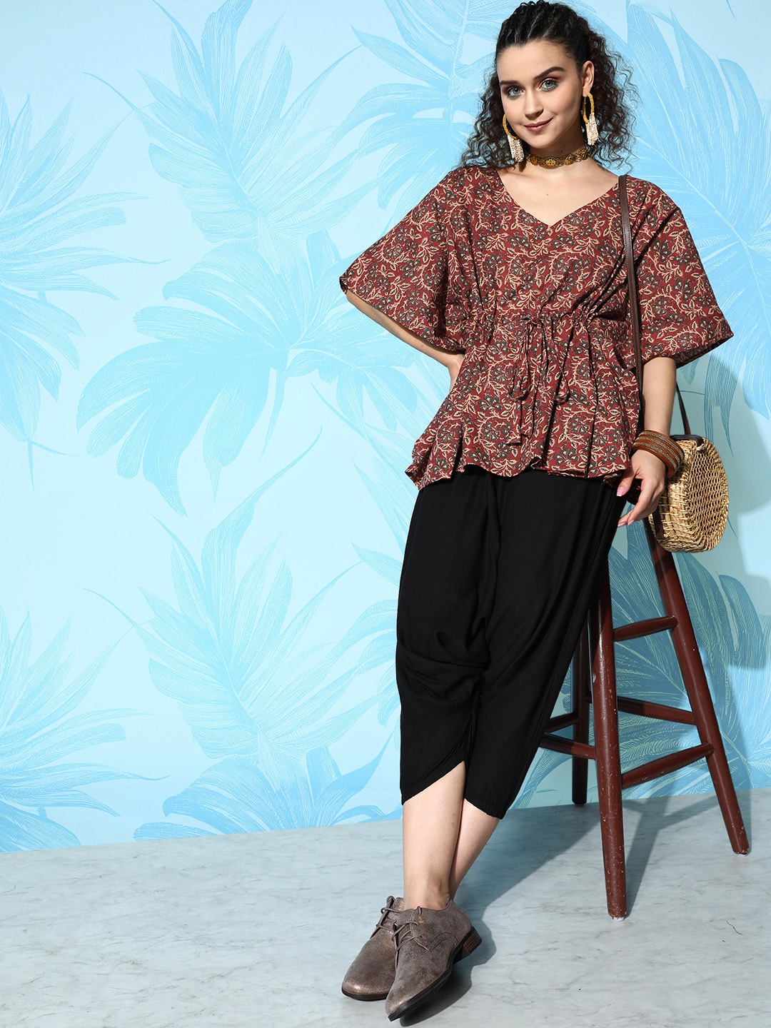 

InWeave Woman Kalamkari Kaftan Top & Harem Co-Ord Set, Maroon