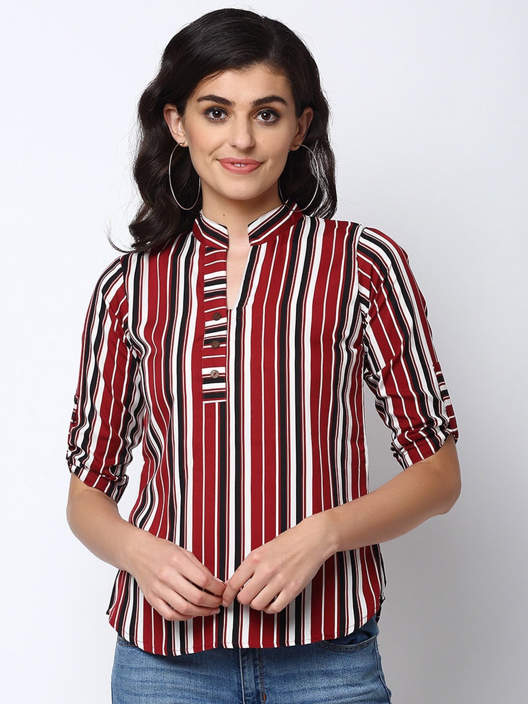 

Sayesha Striped Mandarin Collar Crepe Shirt Style Top, Maroon