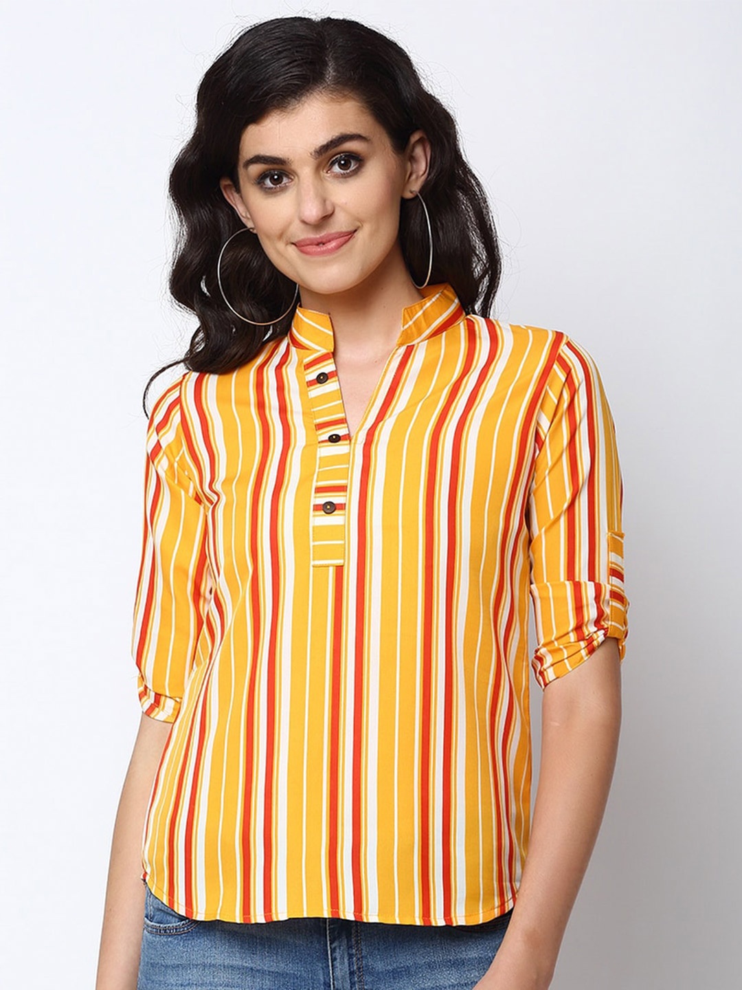 

Sayesha Striped Mandarin Collar Crepe Shirt Style Top, Yellow