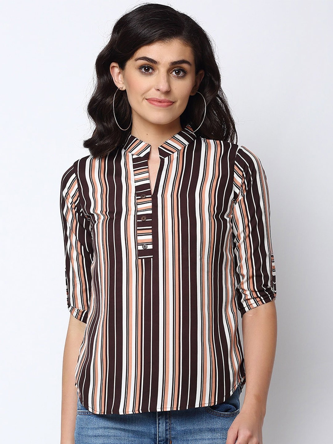 

Sayesha Striped Mandarin Collar Crepe Shirt Style Top, Brown