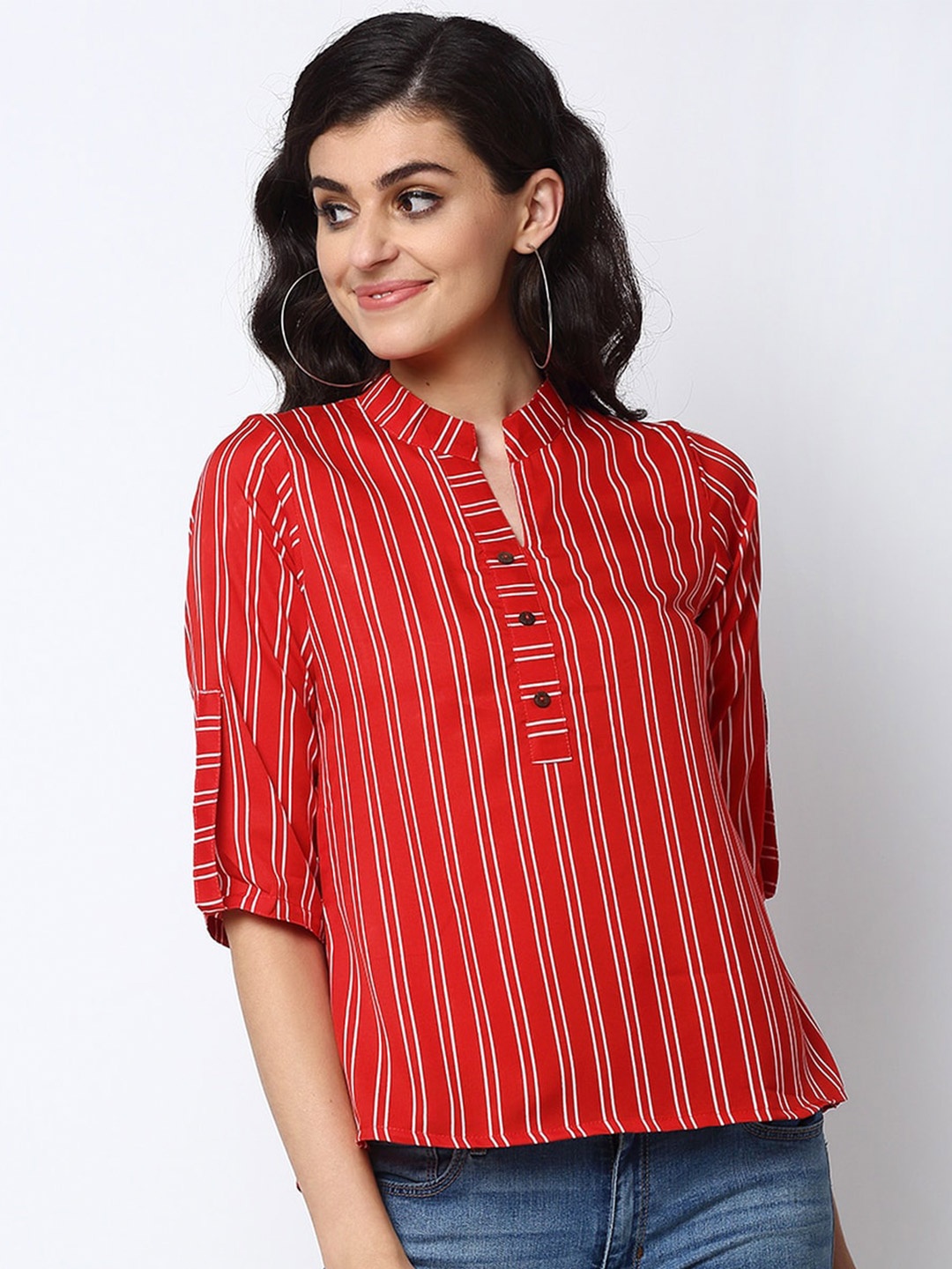 

Sayesha Striped Crepe Shirt Style Top, Red