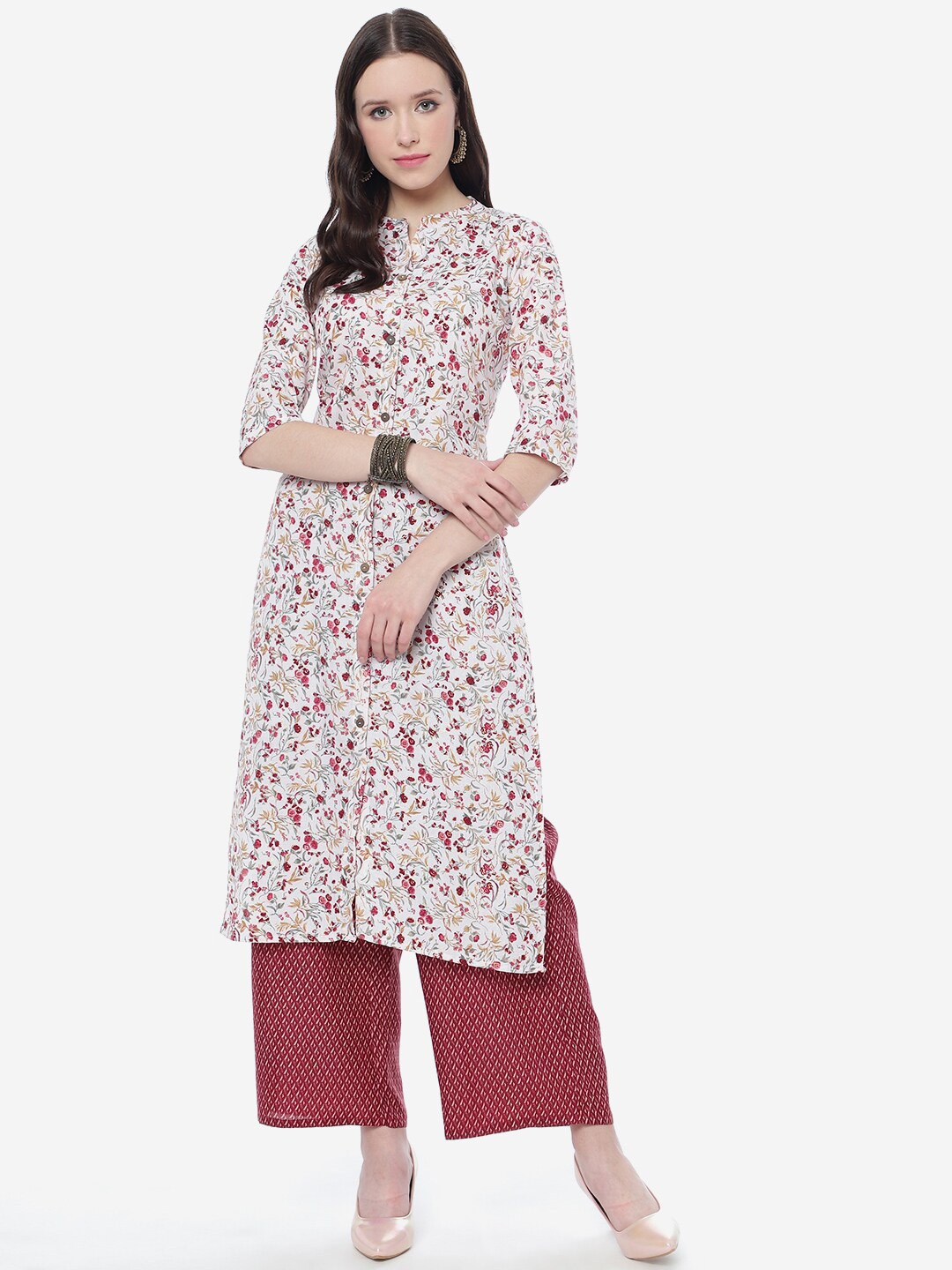 

J Turritopsis Women Floral Printed Kurta with Palazzos, White