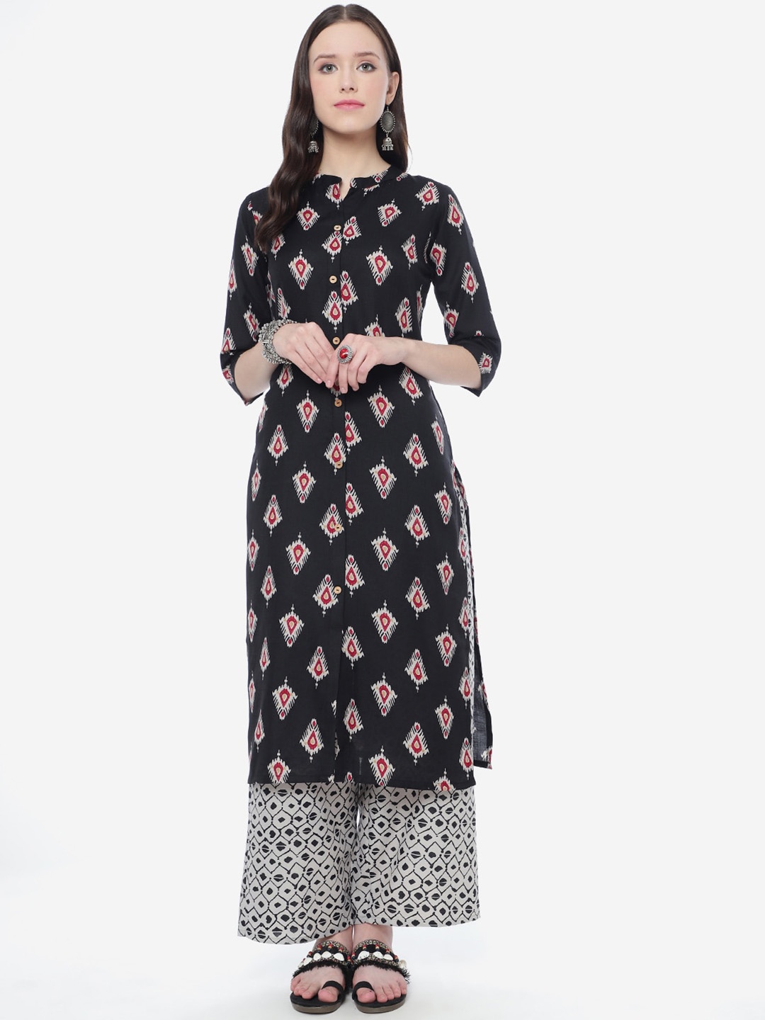 

J Turritopsis Ethnic Motifs Band Collar Printed Kurta with Palazzos, Black