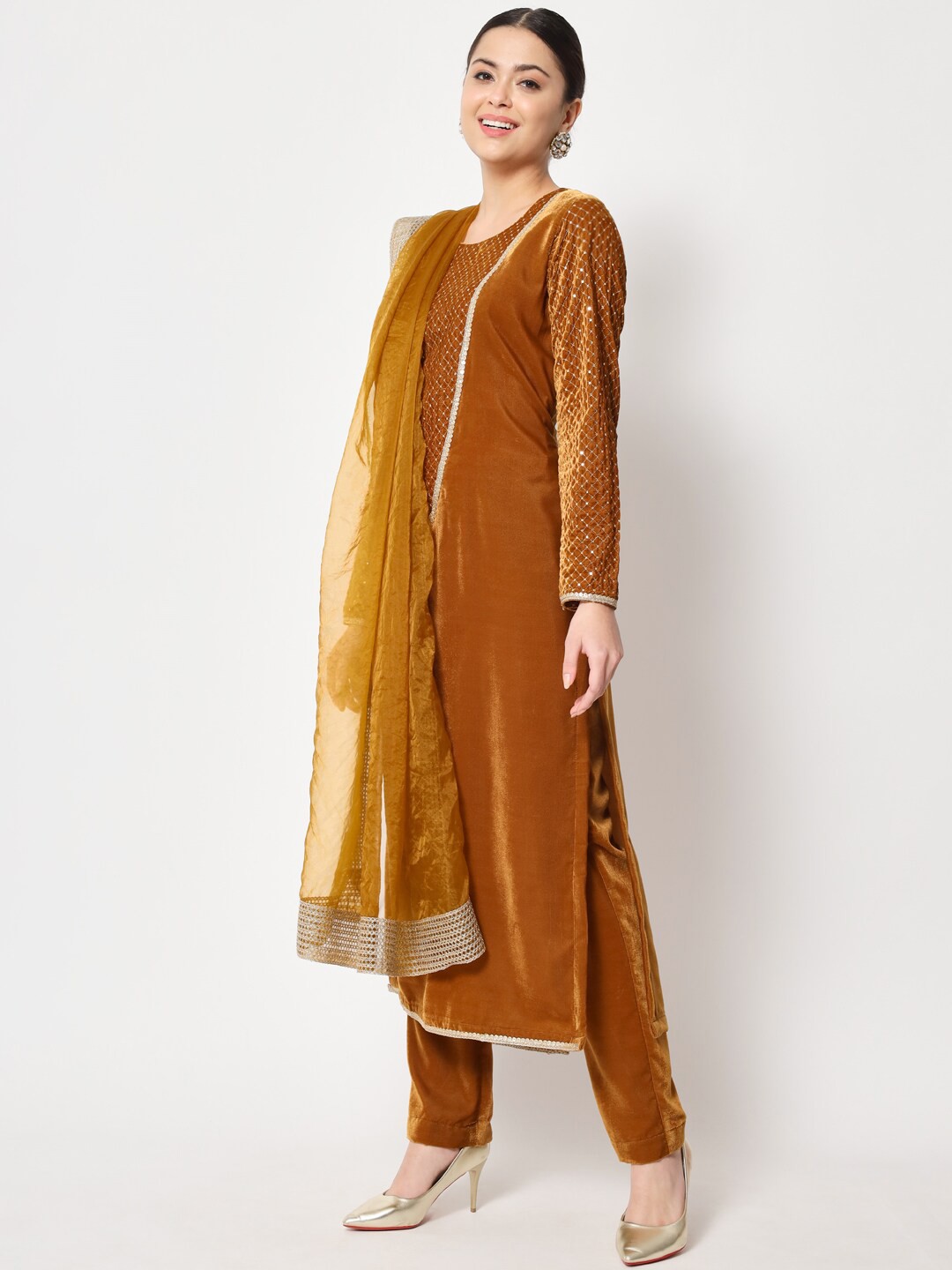 

anokherang Women Embroidered Sequinned Velvet Kurta with Trousers & Dupatta, Mustard